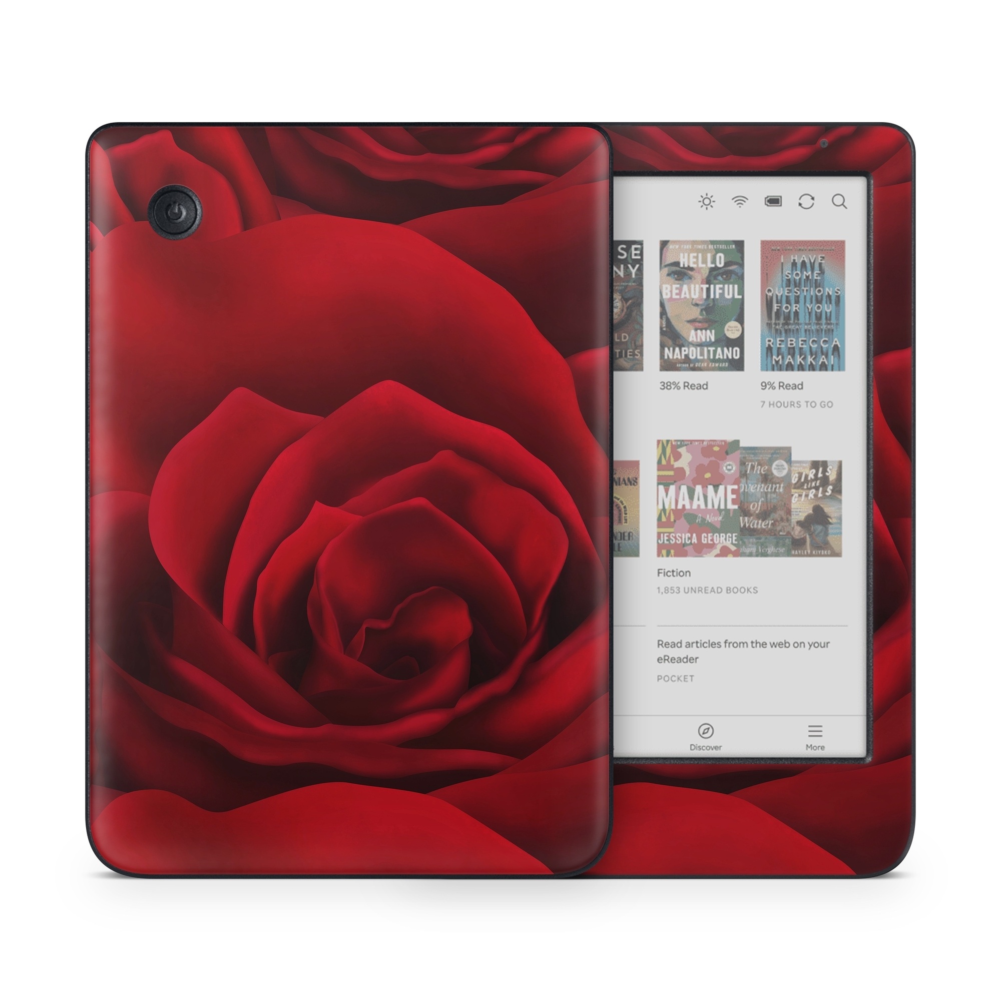 Kobo Clara Colour Skin design of Red, Garden roses, Rose, Petal, Flower, Nature, Floribunda, Rose family, Close-up, Plant, with black, red colors