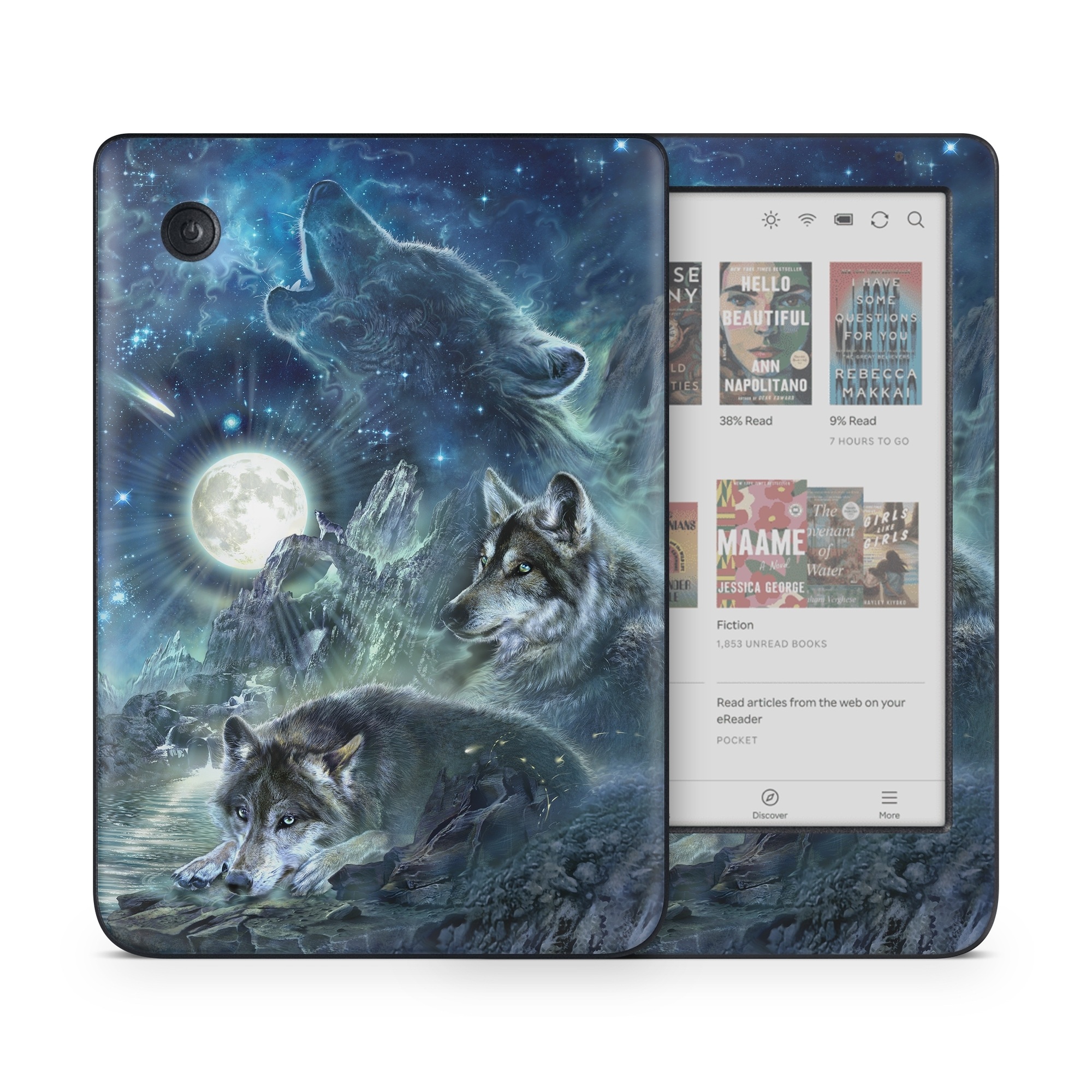 Kobo Clara Colour Skin design of Cg artwork, Fictional character, Darkness, Werewolf, Illustration, Wolf, Mythical creature, Graphic design, Dragon, Mythology, with black, blue, gray, white colors