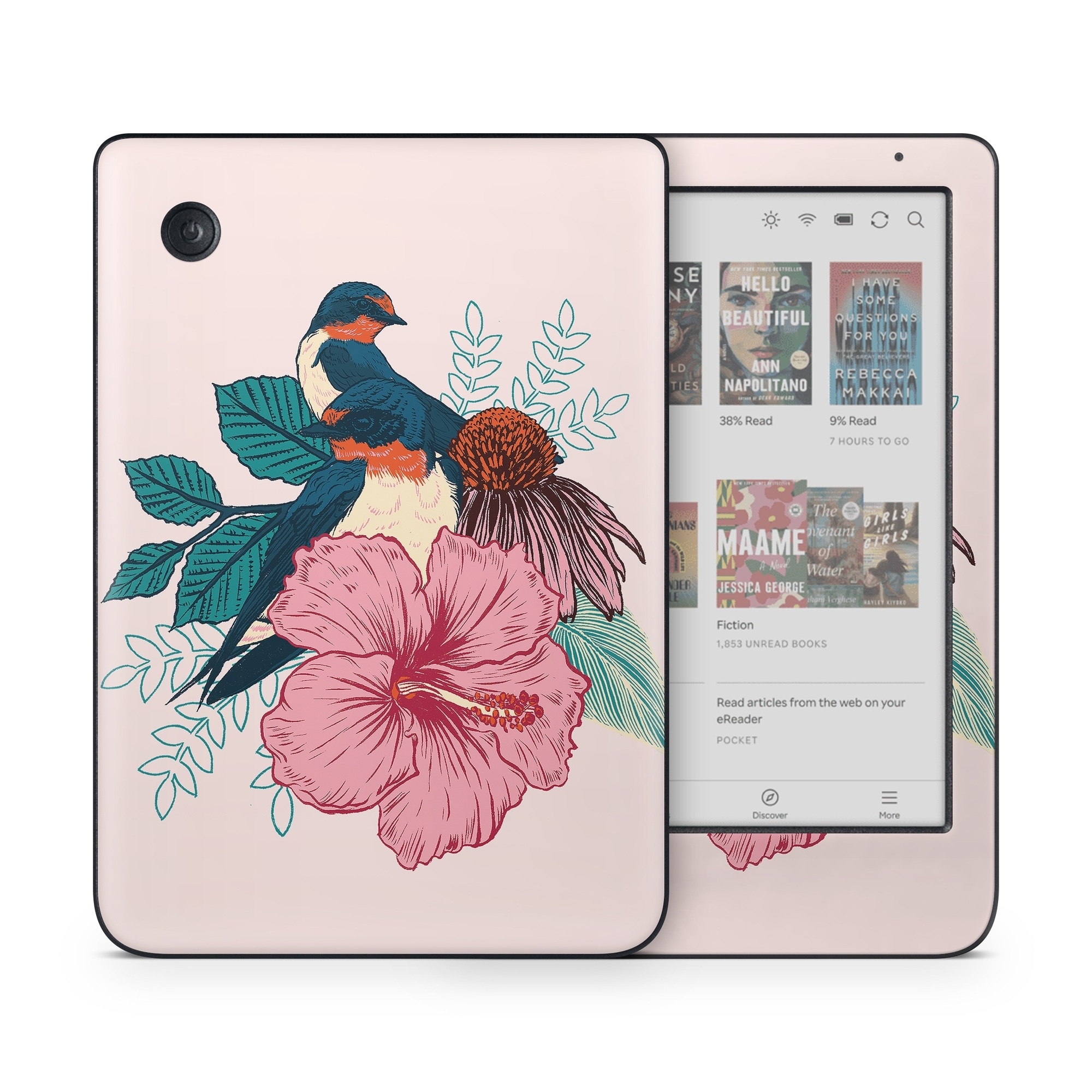 Kobo Clara Colour Skin design of Bird, Hawaiian hibiscus, Hibiscus, Illustration, Chinese hibiscus, Botany, Flower, Plant, Malvales, Mallow family, with blue, pink, green, yellow, red colors