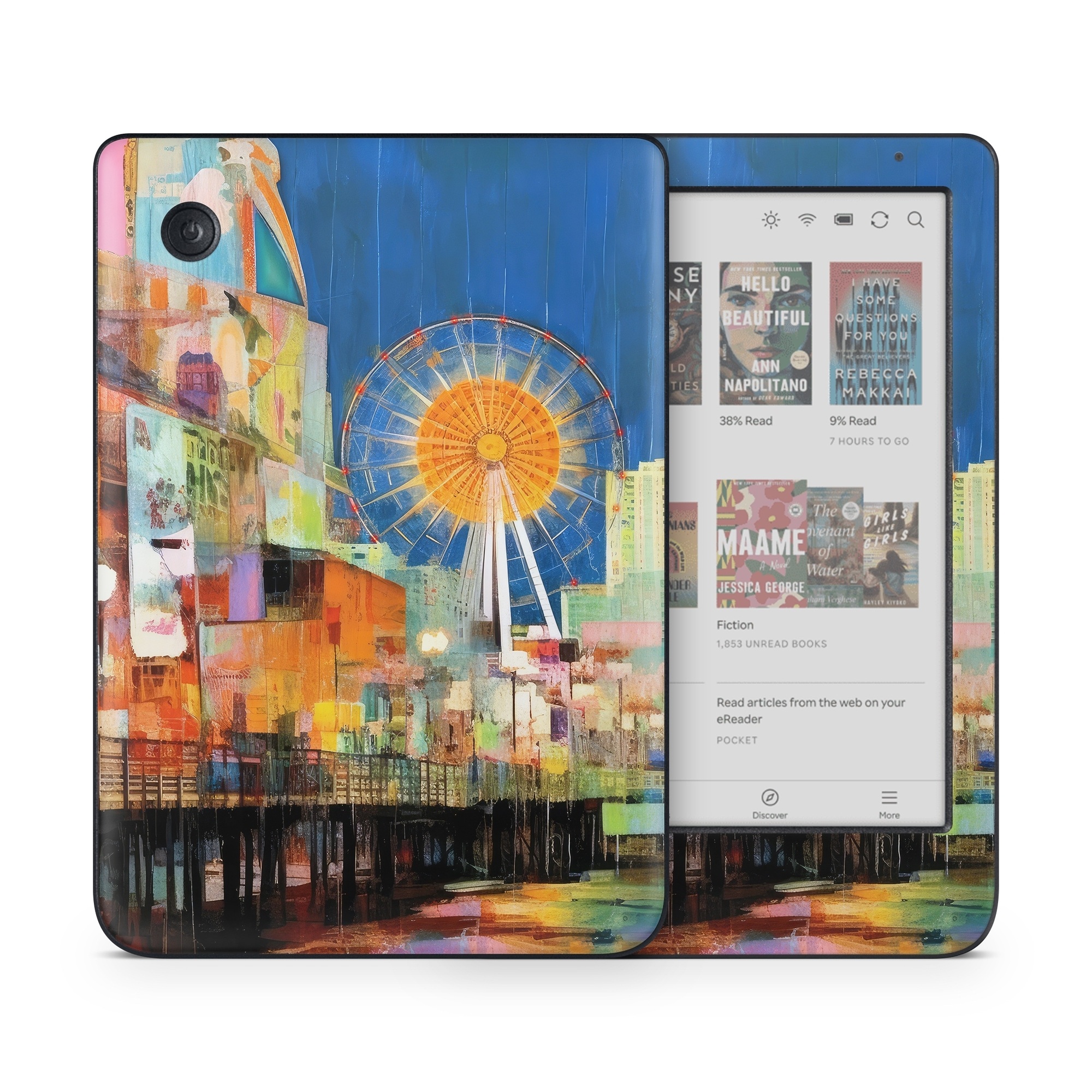 Kobo Clara Colour Skin design of Light, World, Window, Tints and shades, City, Art, Leisure, Event, Building, Ferris wheel, with black, white, blue, pink, red, orange, yellow, green colors