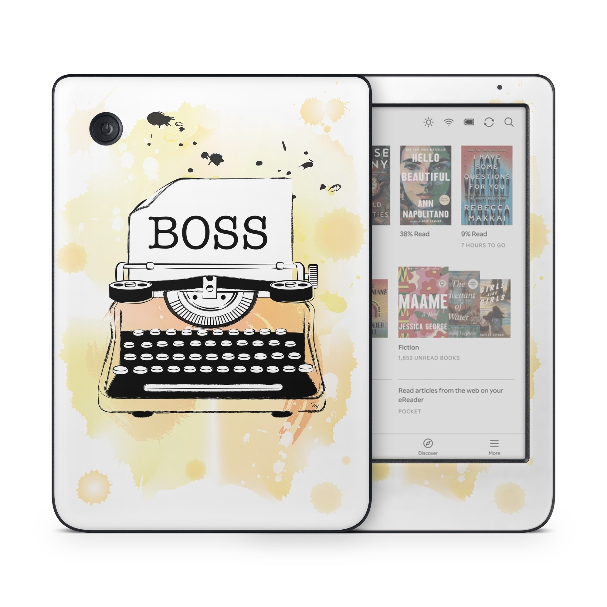 Kobo Clara Colour Skin design of Font, Office equipment, Art, Typewriter, Illustration, Graphics, Painting, Eyelash, Logo, Line art, with white, black, yellow, orange colors