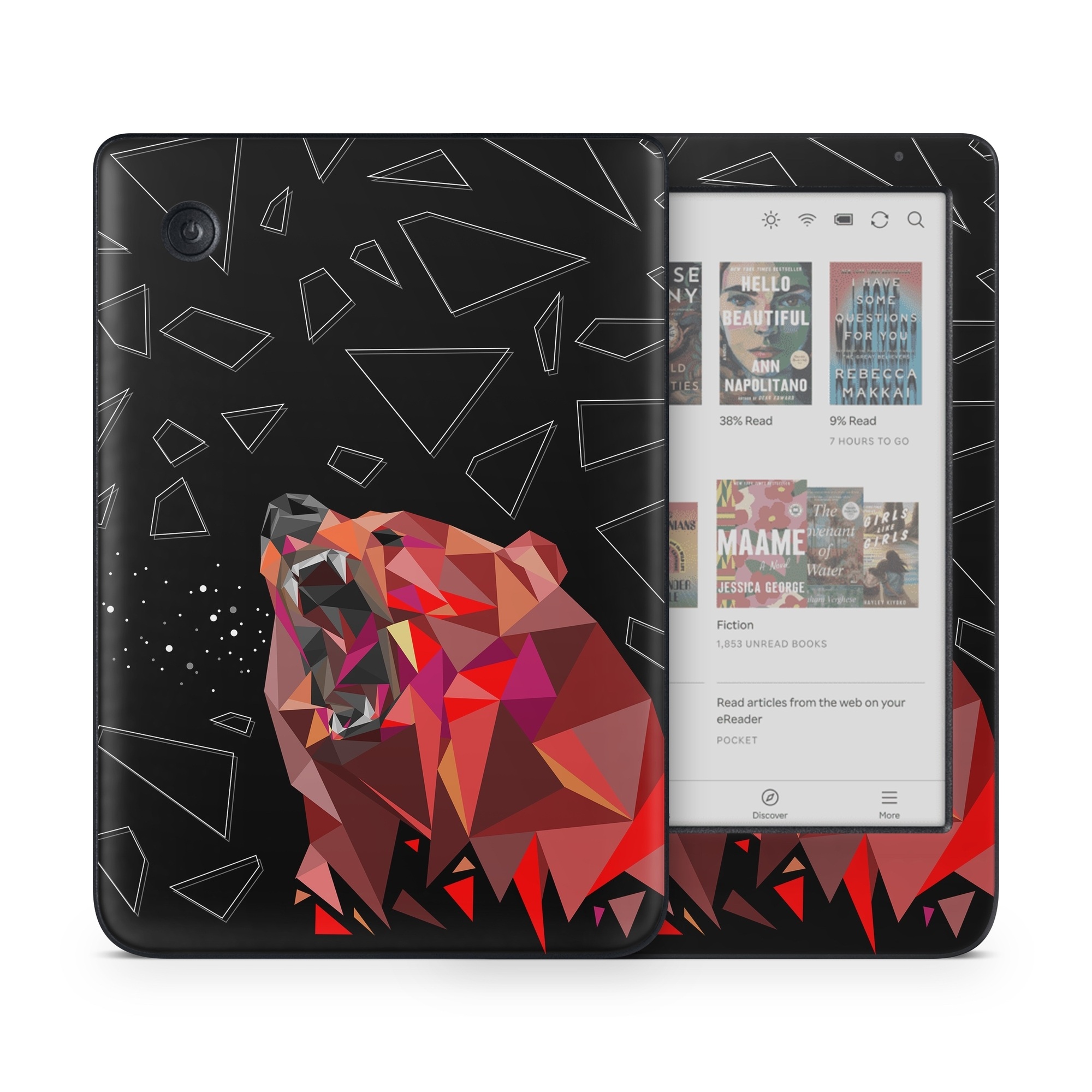Kobo Clara Colour Skin design of Graphic design, Triangle, Font, Illustration, Design, Art, Visual arts, Graphics, Pattern, Space, with black, red colors