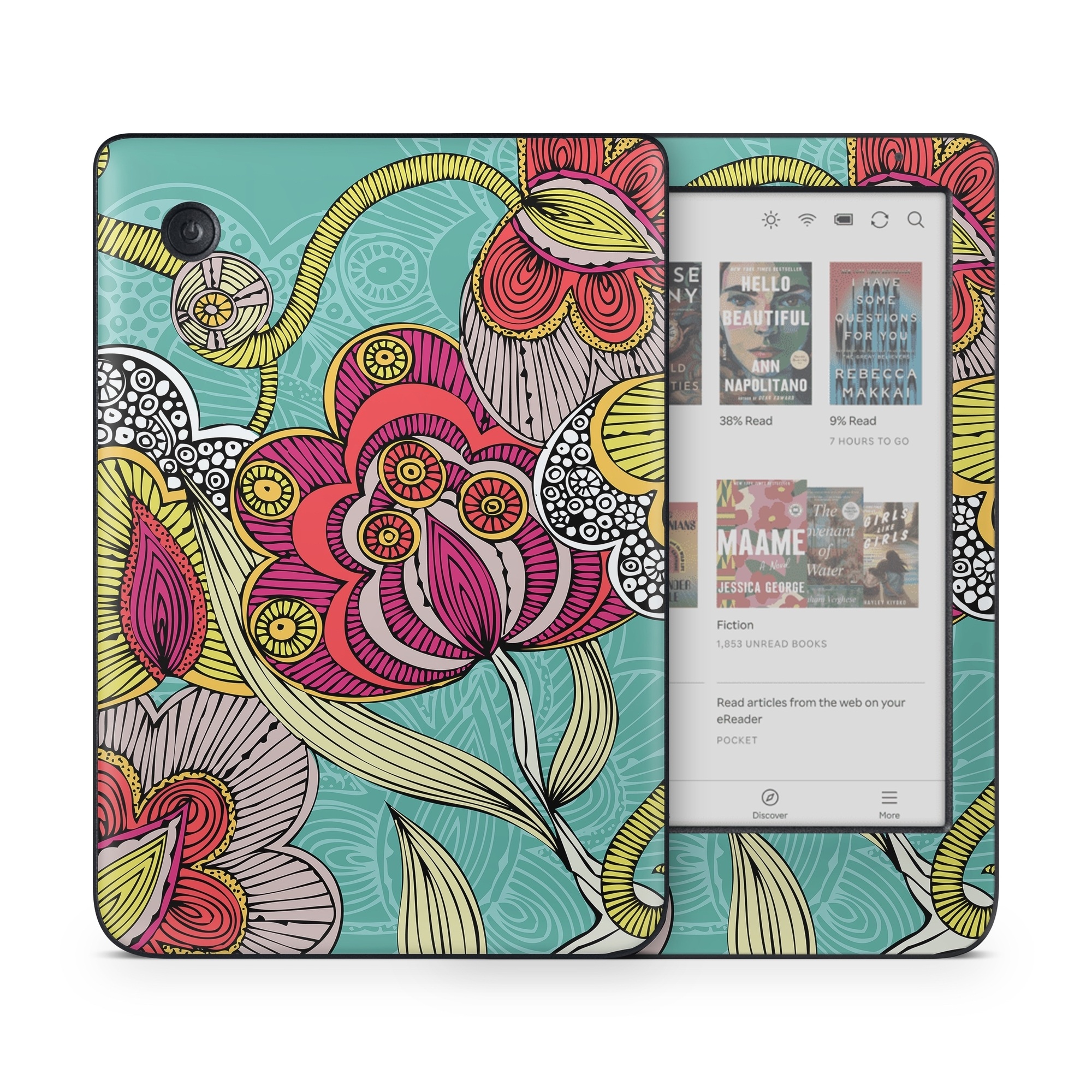 Kobo Clara Colour Skin design of Pattern, Visual arts, Motif, Floral design, Design, Art, Plant, Flower, Organism, Textile, with red, yellow, blue, gray, pink colors