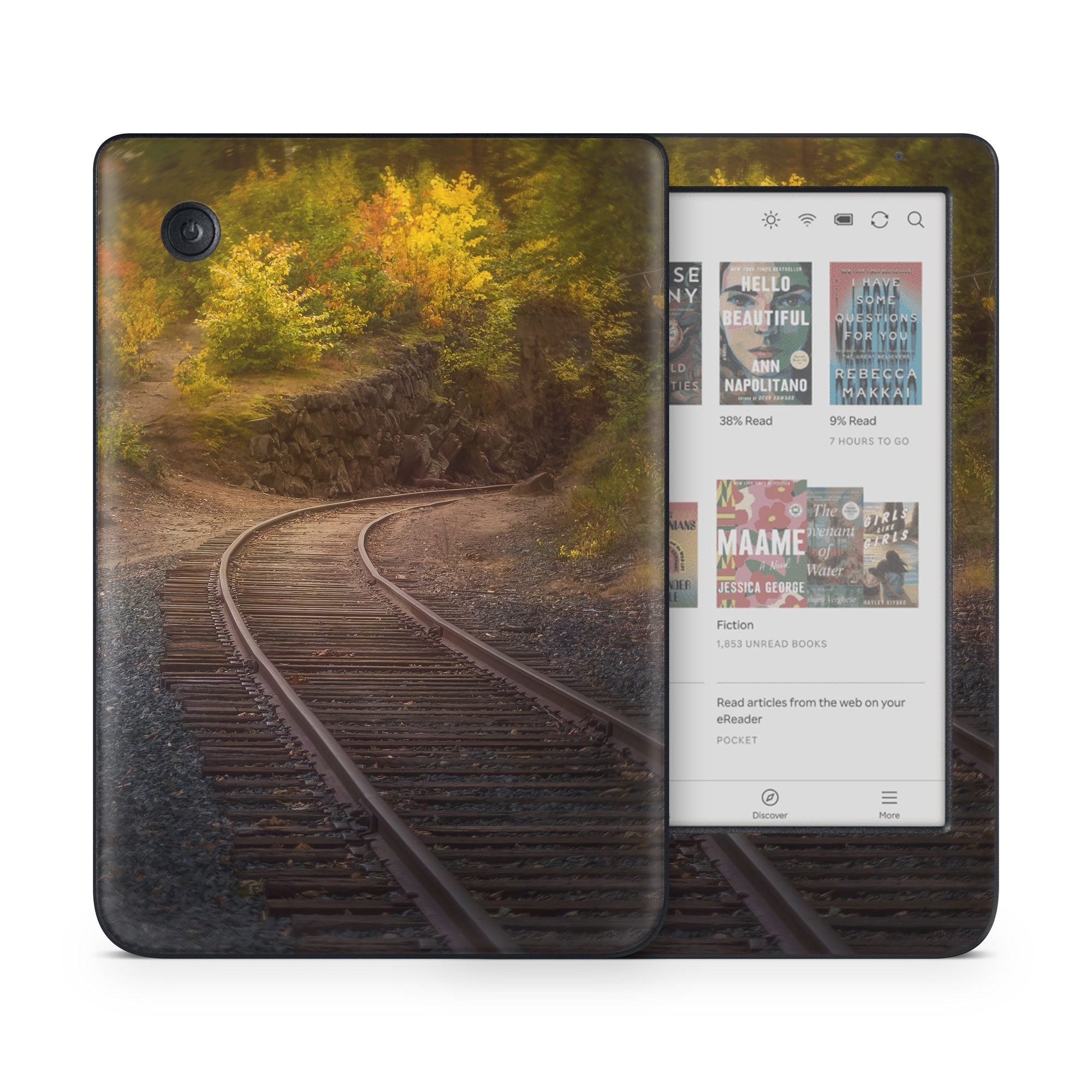 Kobo Clara Colour Skin design of Plant, Wood, Branch, Natural landscape, Road surface, Track, Grass, Tree, Thoroughfare, Twig, with brown, gray, yellow, orange, green, red colors