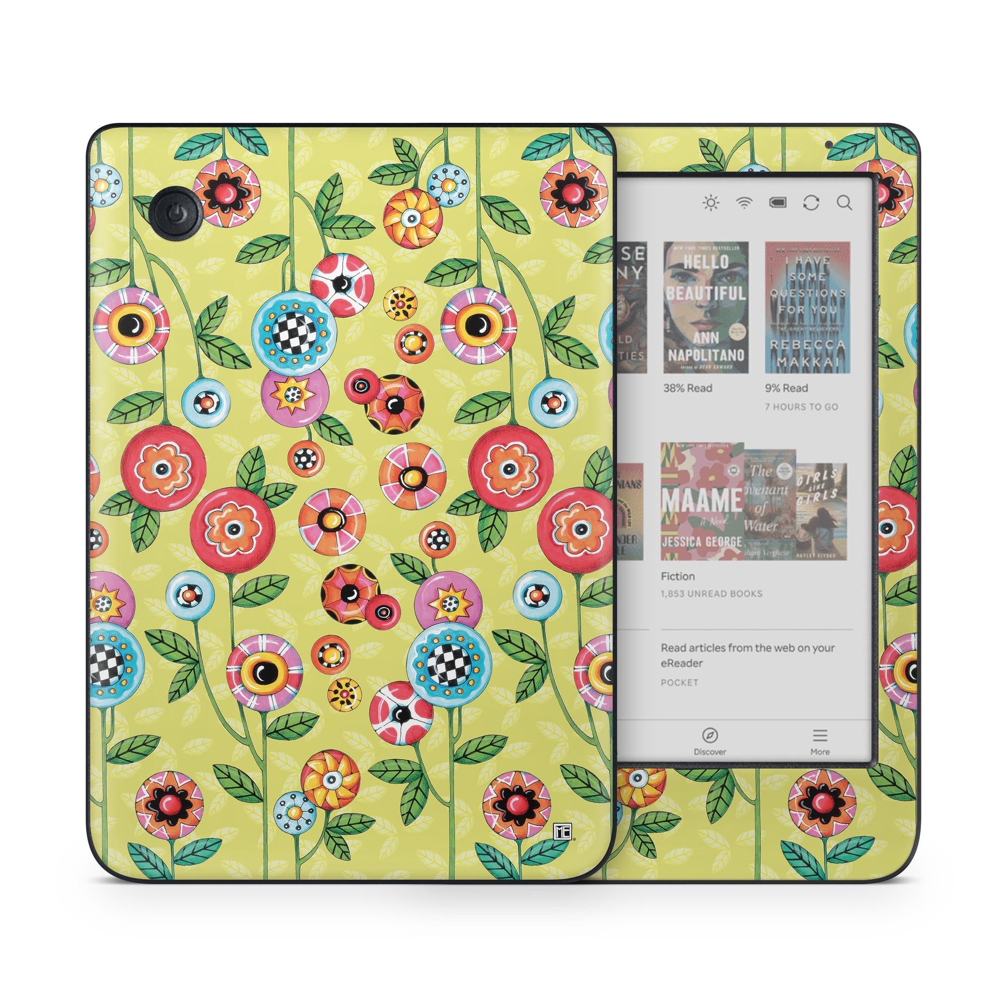 Kobo Clara Colour Skin design of Wrapping paper, Pattern, Textile, Design, Visual arts, Wildflower, Art, Plant, Child art, Flower, with green, blue, red, yellow, orange, pink colors