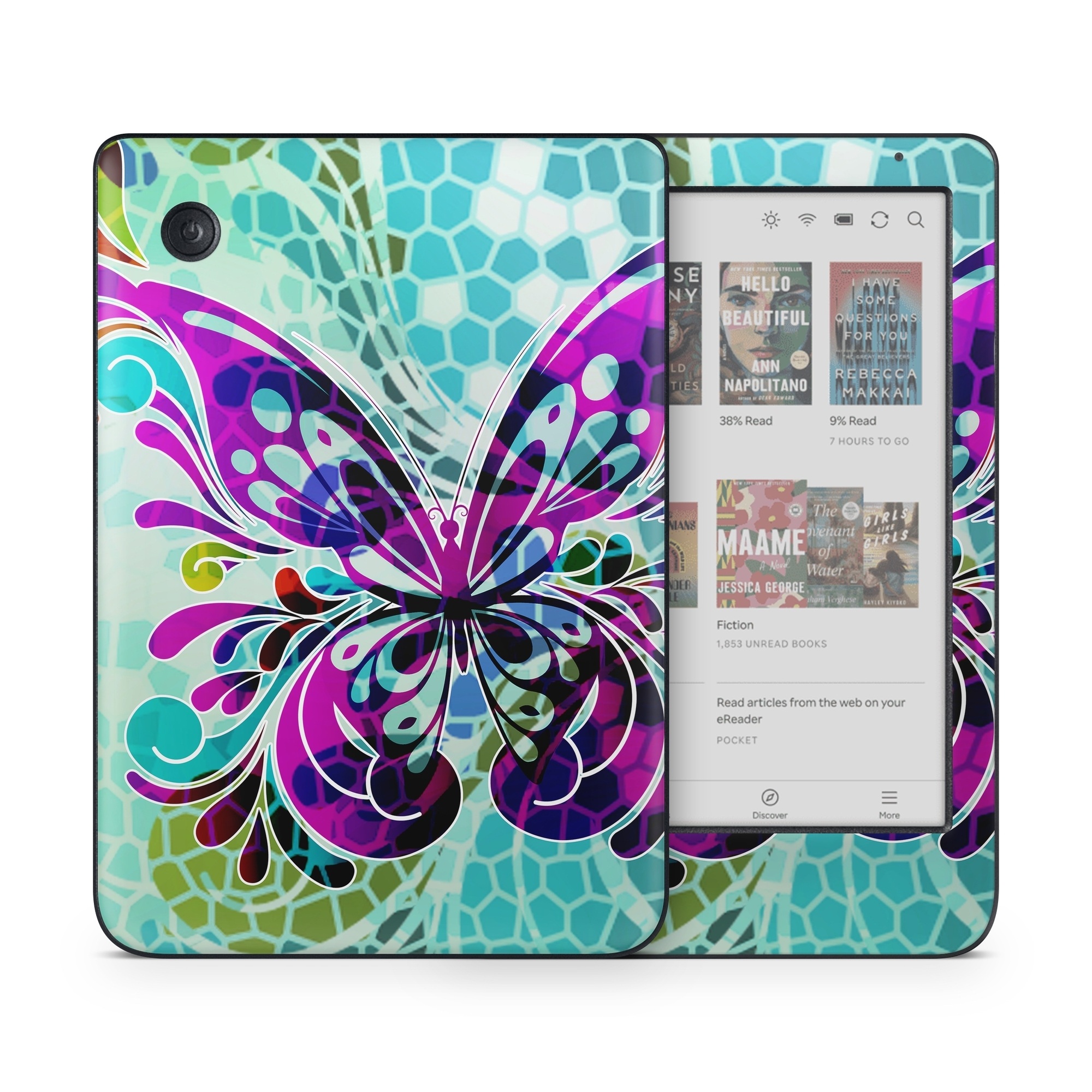 Kobo Clara Colour Skin design of Butterfly, Pattern, Insect, Moths and butterflies, Purple, Graphic design, Design, Pollinator, Visual arts, Magenta, with blue, green, purple colors