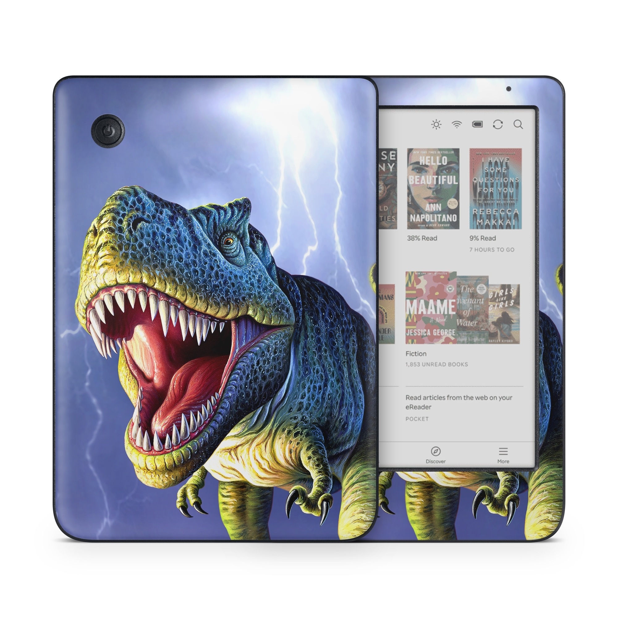 Kobo Clara Colour Skin design of Dinosaur, Extinction, Tyrannosaurus, Velociraptor, Tooth, Jaw, Organism, Mouth, Fictional character, Art, with blue, green, yellow, orange, red colors