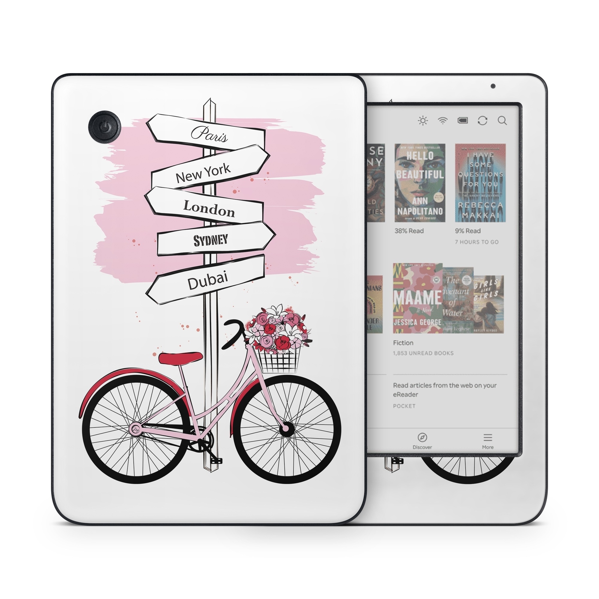 Kobo Clara Colour Skin design of Bicycle, Wheel, Bicycles--Equipment and supplies, Tire, Bicycle tire, Bicycle frame, Bicycle wheel, Bicycle wheel rim, Vehicle, Bicycle fork, with white, black, red, pink colors