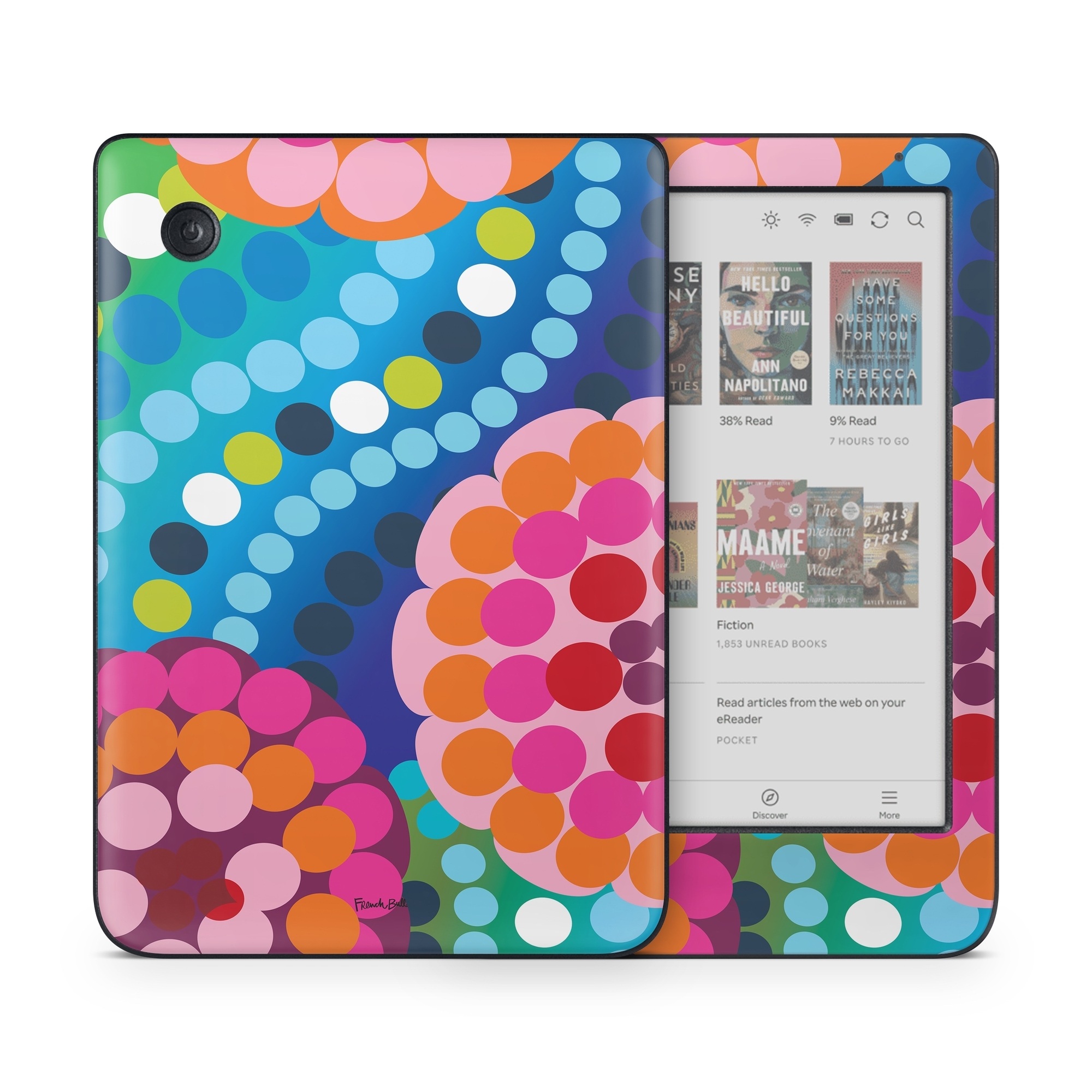 Kobo Clara Colour Skin design of Pattern, Circle, Orange, Colorfulness, Design, Line, Polka dot, Graphic design, Graphics, Heart, with blue, green, pink, orange, purple colors