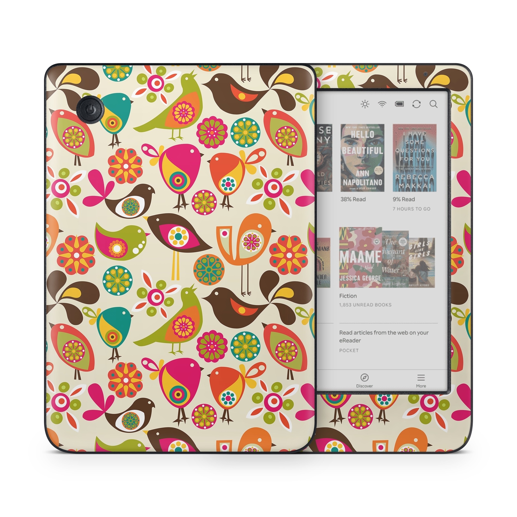 Kobo Clara Colour Skin design of Pattern, Visual arts, Wrapping paper, Design, Clip art, Textile, Motif, Sticker, Graphics, with yellow, pink, orange, green, brown, blue colors
