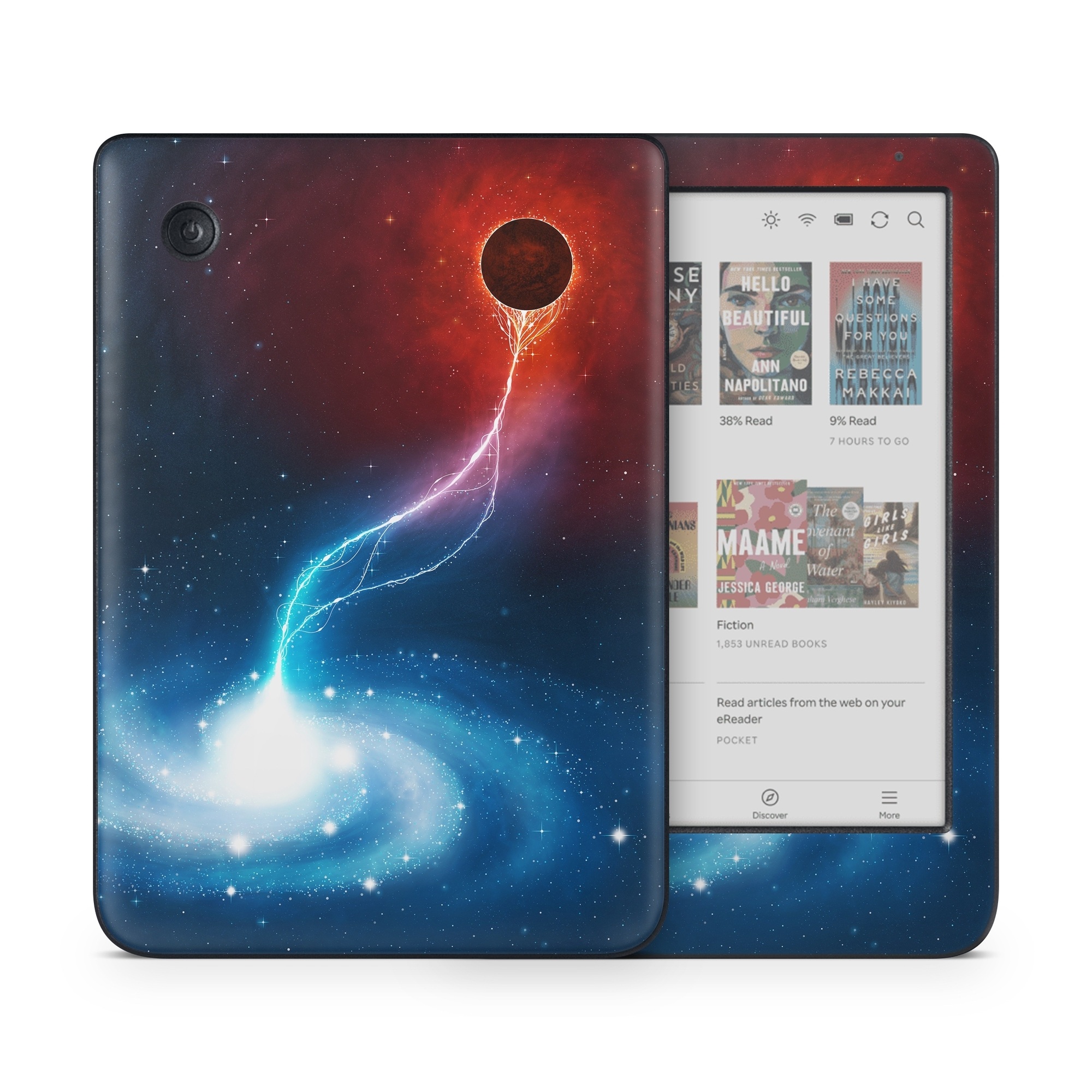 Kobo Clara Colour Skin design of Outer space, Atmosphere, Astronomical object, Universe, Space, Sky, Planet, Astronomy, Celestial event, Galaxy, with blue, red, black colors