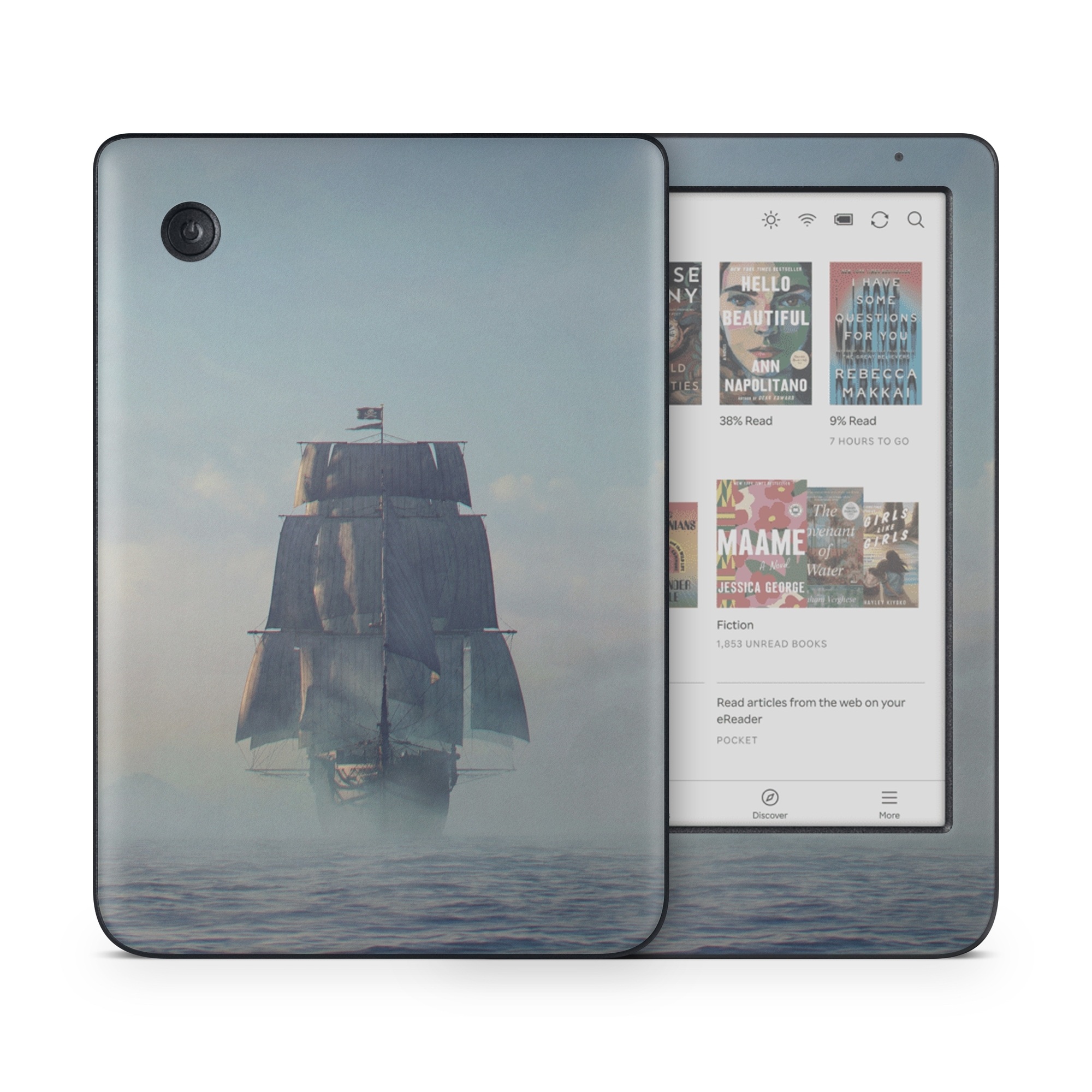 Kobo Clara Colour Skin design of Atmospheric phenomenon, Vehicle, Mode of transport, Watercraft, Ship, Sea, with white, blue, black, gray colors