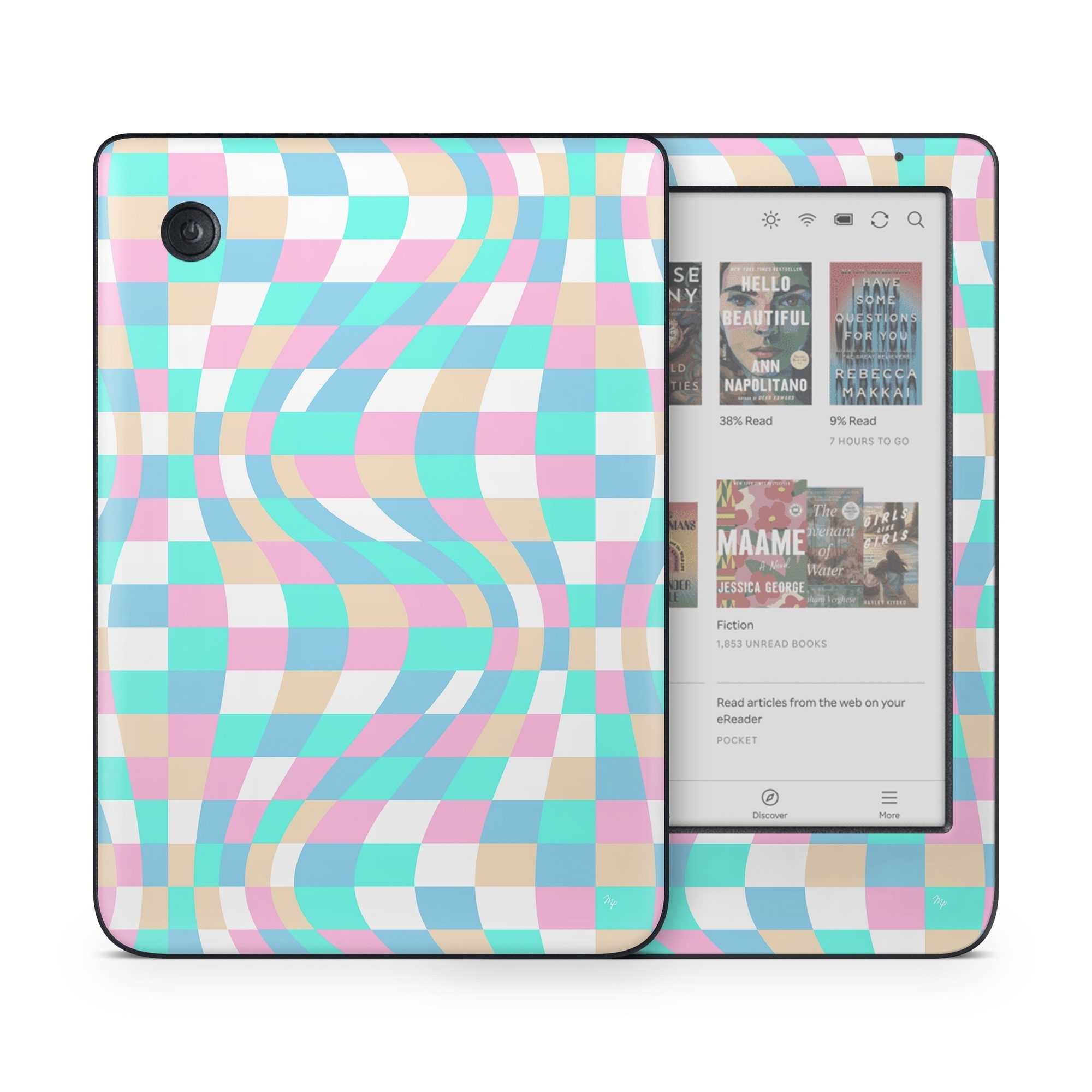 Kobo Clara Colour Skin design of Azure, Textile, Rectangle, Art, Pink, Painting, Aqua, Font, Magenta, Material property, with white, blue, pink colors
