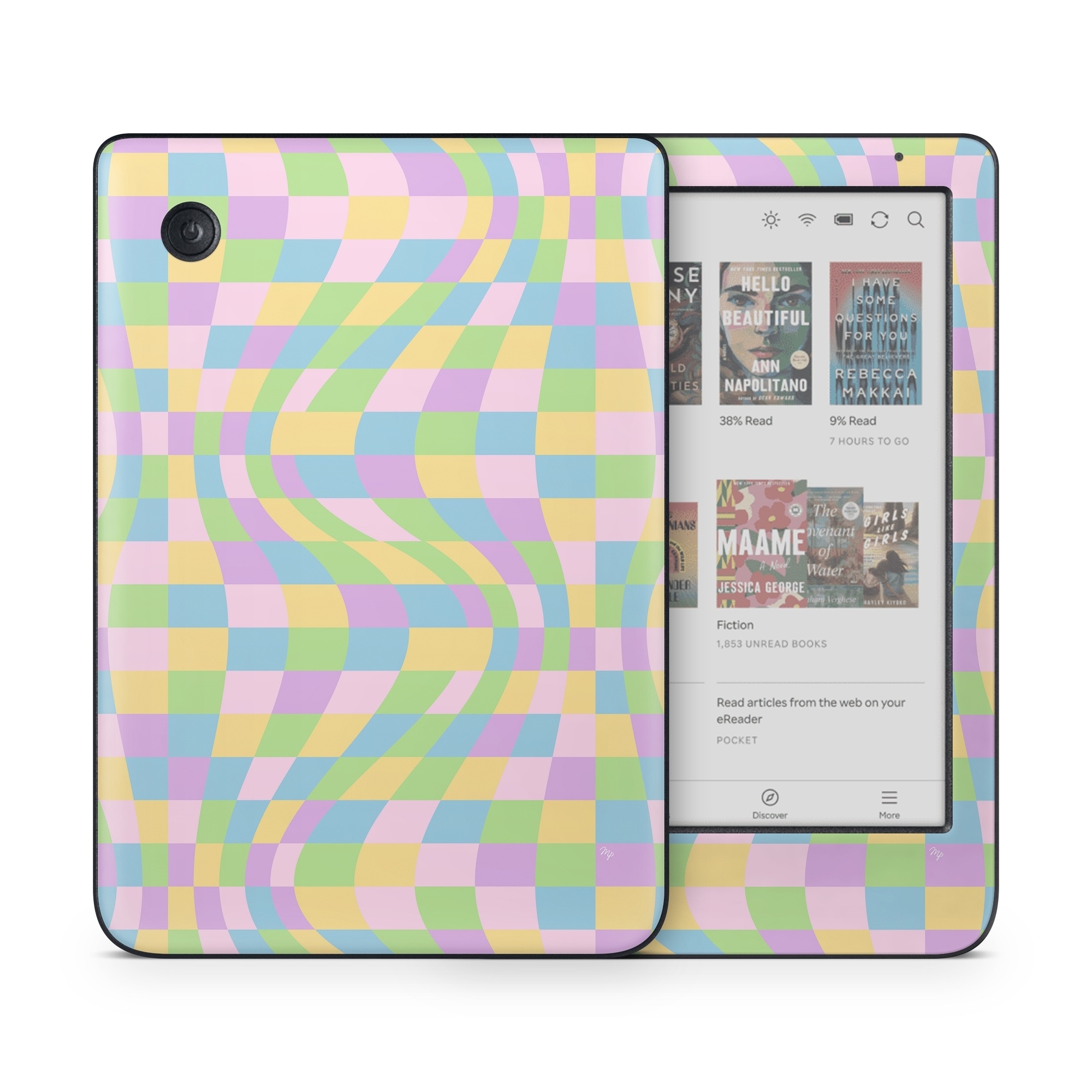 Kobo Clara Colour Skin design of Rectangle, Azure, Textile, Art, Painting, Violet, Pink, Font, Aqua, Material property, with pink, yellow, purple, blue, green colors