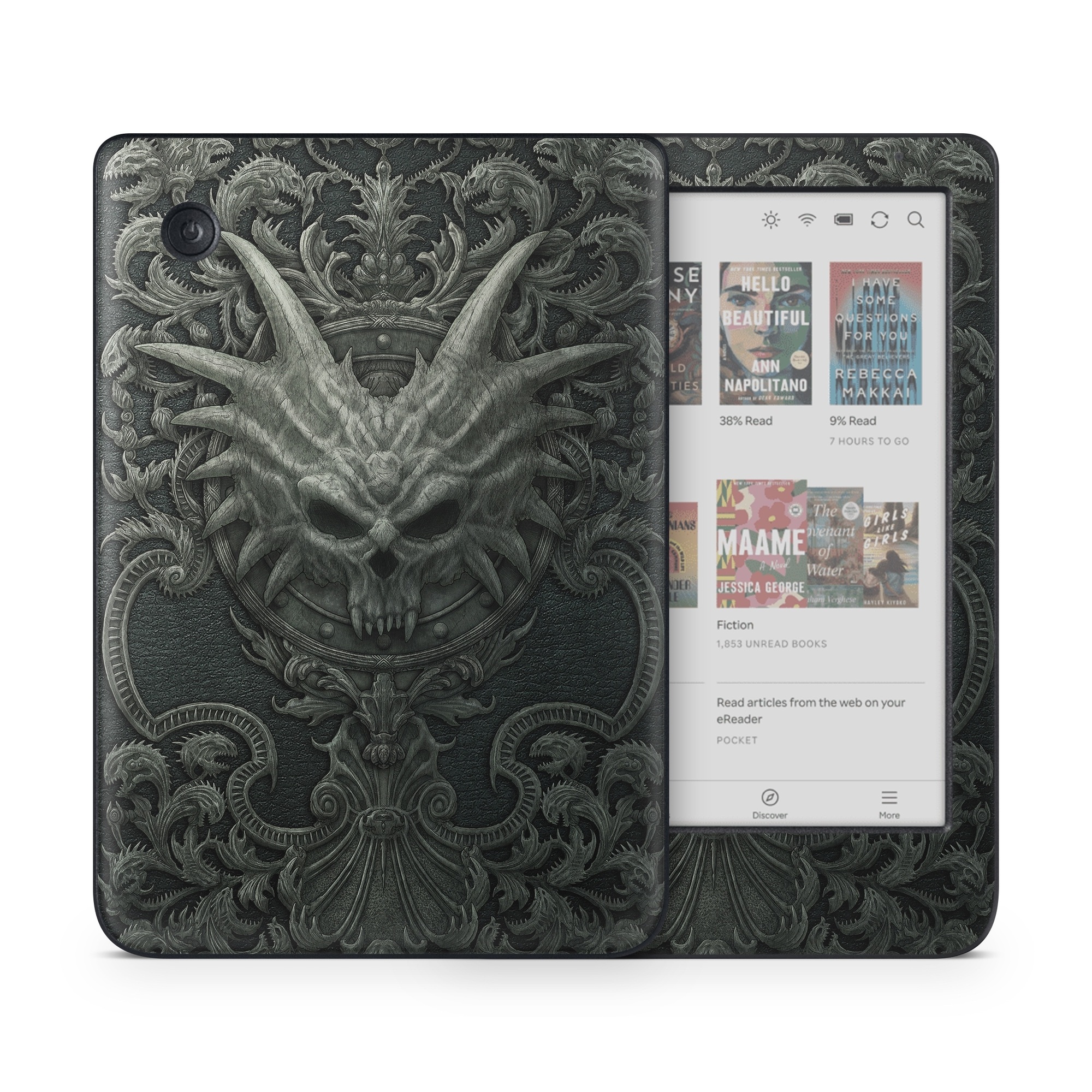 Kobo Clara Colour Skin design of Demon, Dragon, Fictional character, Illustration, Supernatural creature, Drawing, Symmetry, Art, Mythology, Mythical creature, with black, gray colors
