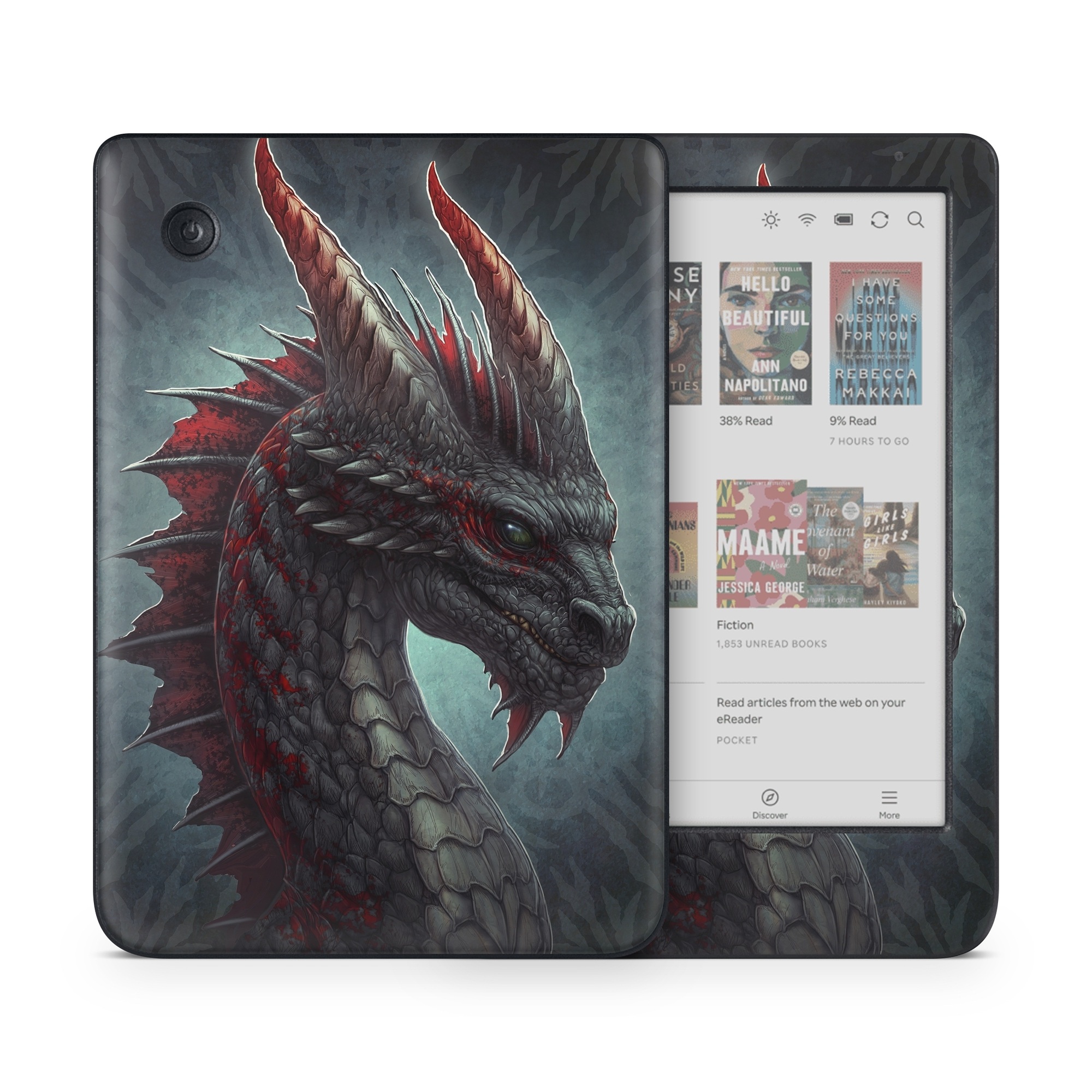 Kobo Clara Colour Skin design of Dragon, Fictional character, Mythical creature, Demon, Cg artwork, Illustration, Green dragon, Supernatural creature, Cryptid, with red, gray, blue colors