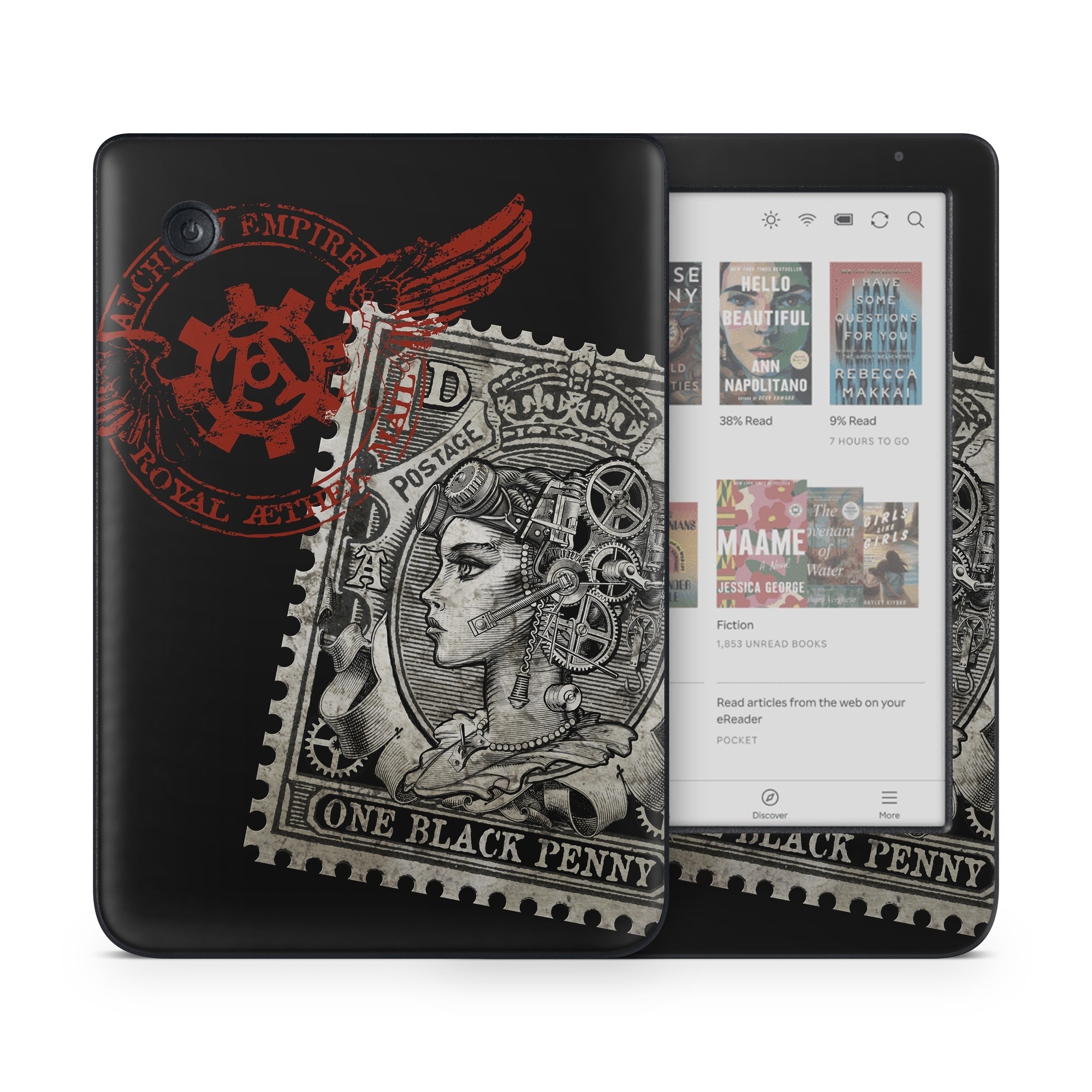 Kobo Clara Colour Skin design of Font, Postage stamp, Illustration, Drawing, Art, with black, gray, red colors