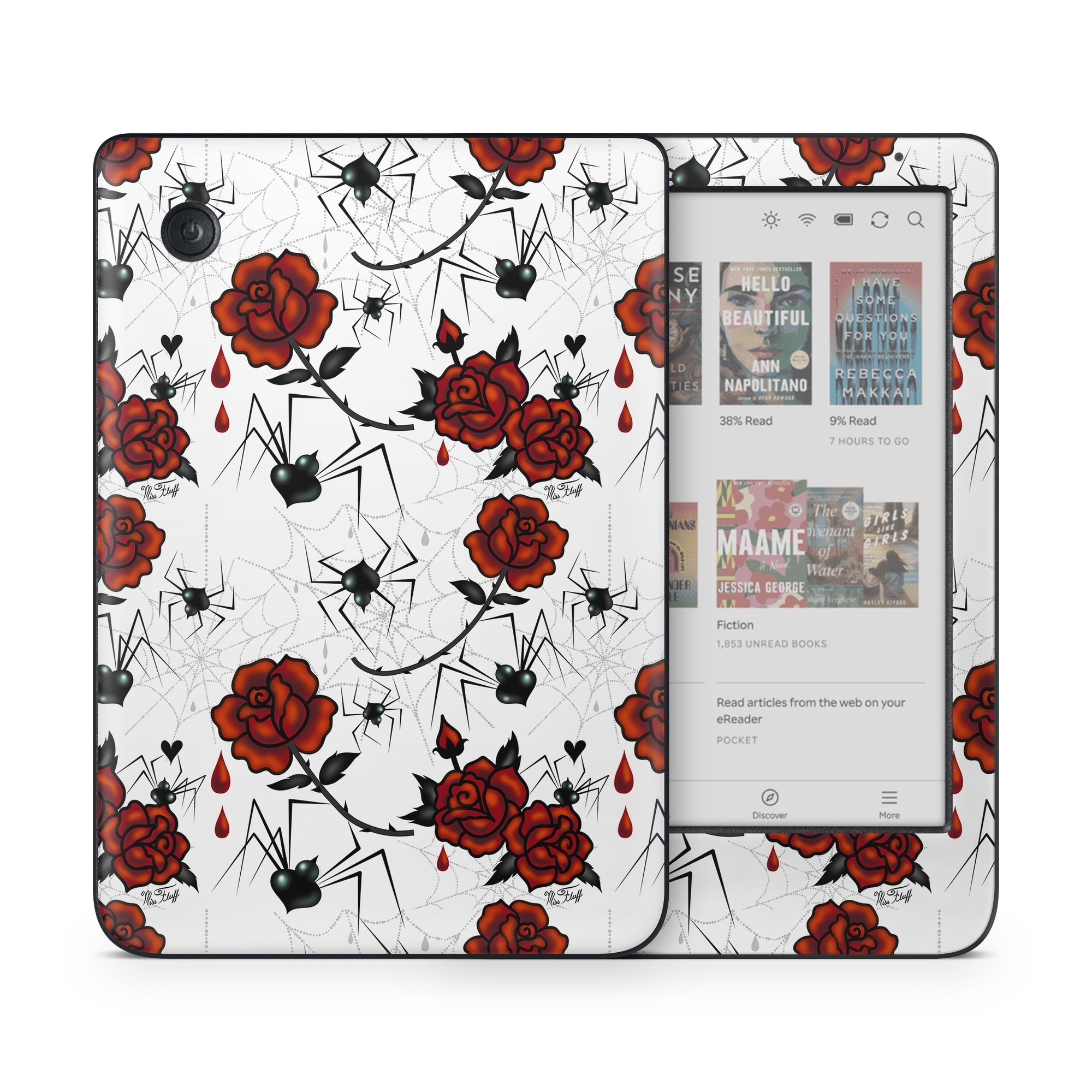 Kobo Clara Colour Skin design of Red, Pattern, Flower, Plant, Design, Floral design, Petal, Coquelicot, Wildflower, Rose, with black, white, red colors