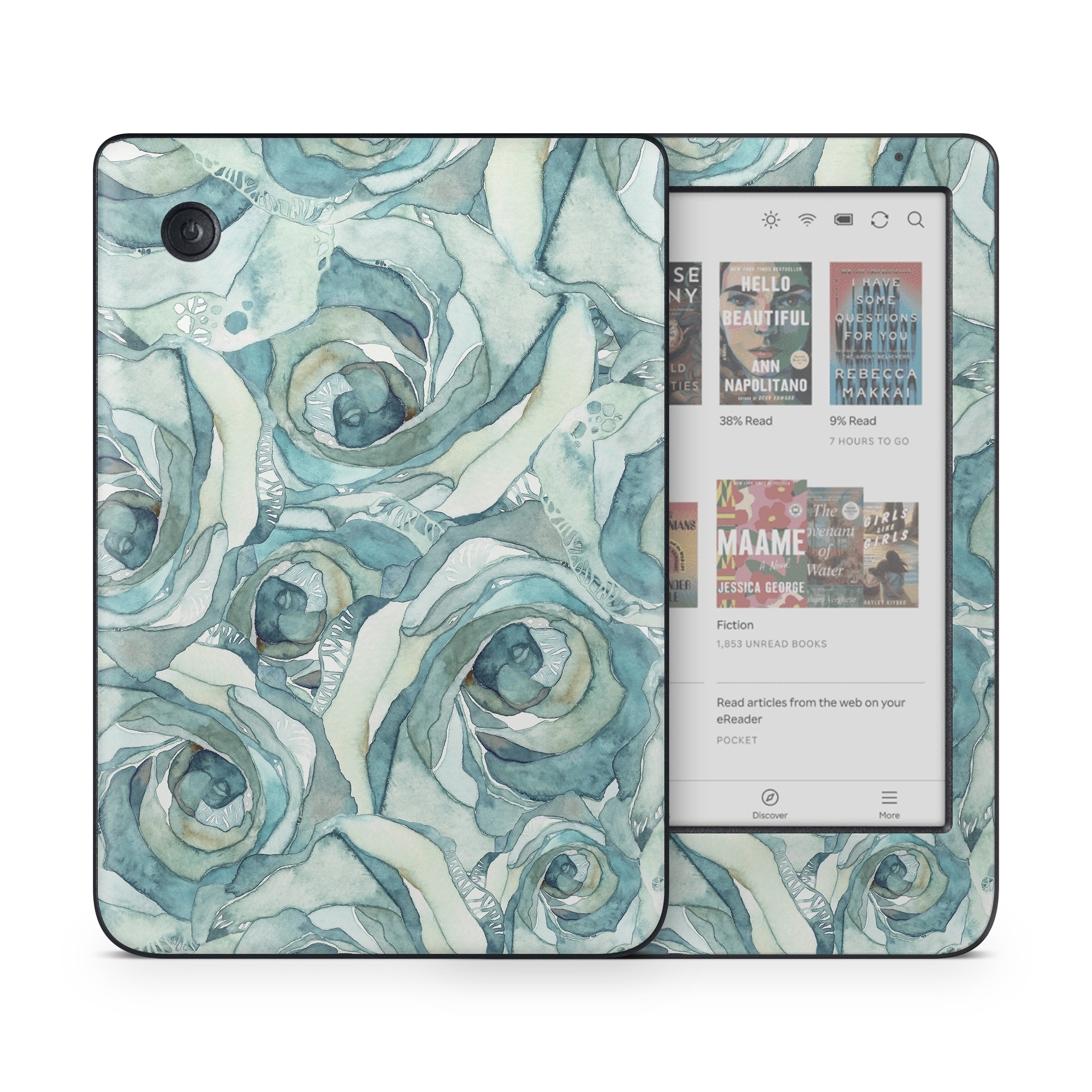 Kobo Clara Colour Skin design of Rose, Garden roses, Blue, Flower, Rose family, Watercolor paint, Plant, Pattern, Rosa × centifolia, Blue rose, with blue, green colors