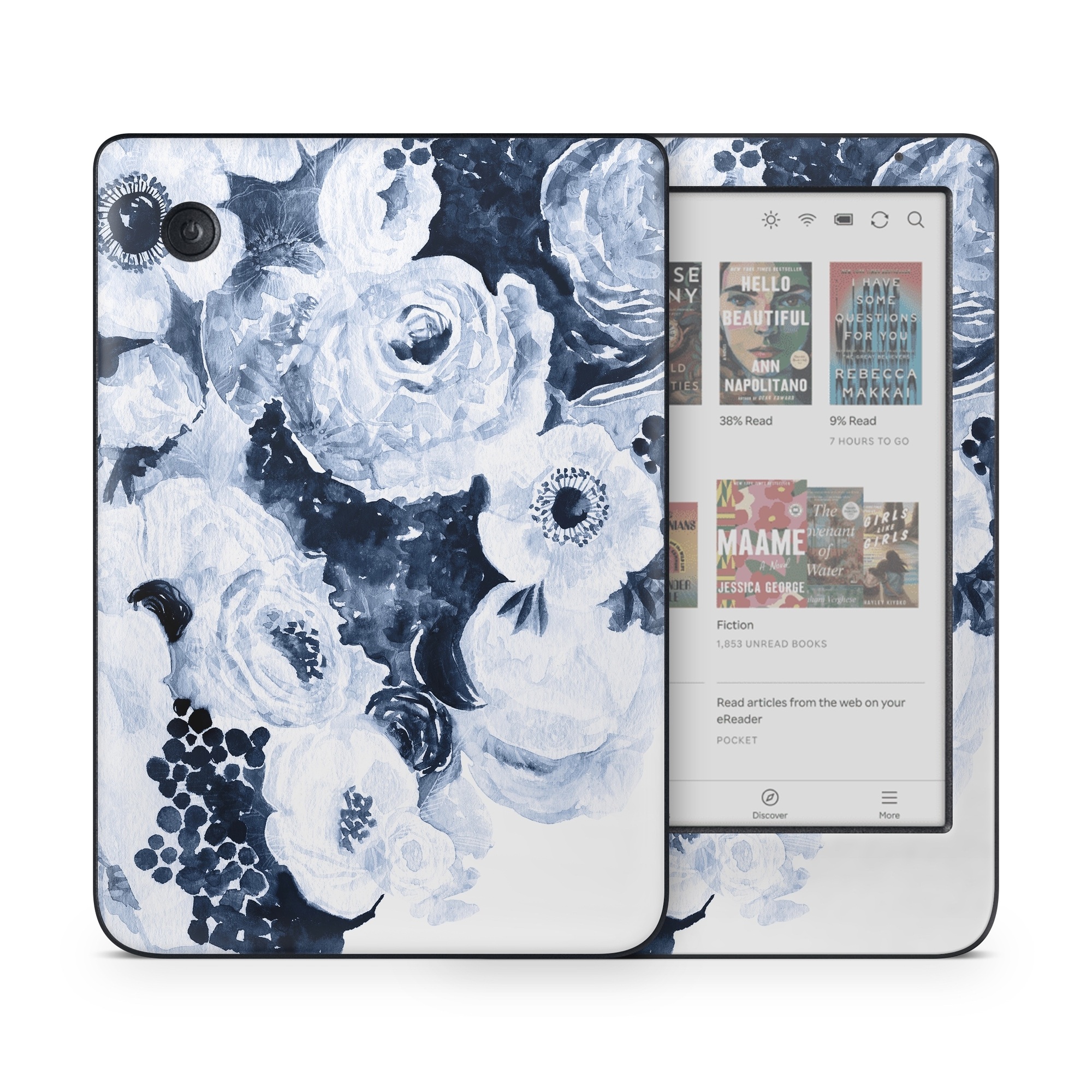 Kobo Clara Colour Skin design of White, Flower, Cut flowers, Garden roses, Plant, Bouquet, Rose, Black-and-white, Rose family, Still life, with white, blue colors