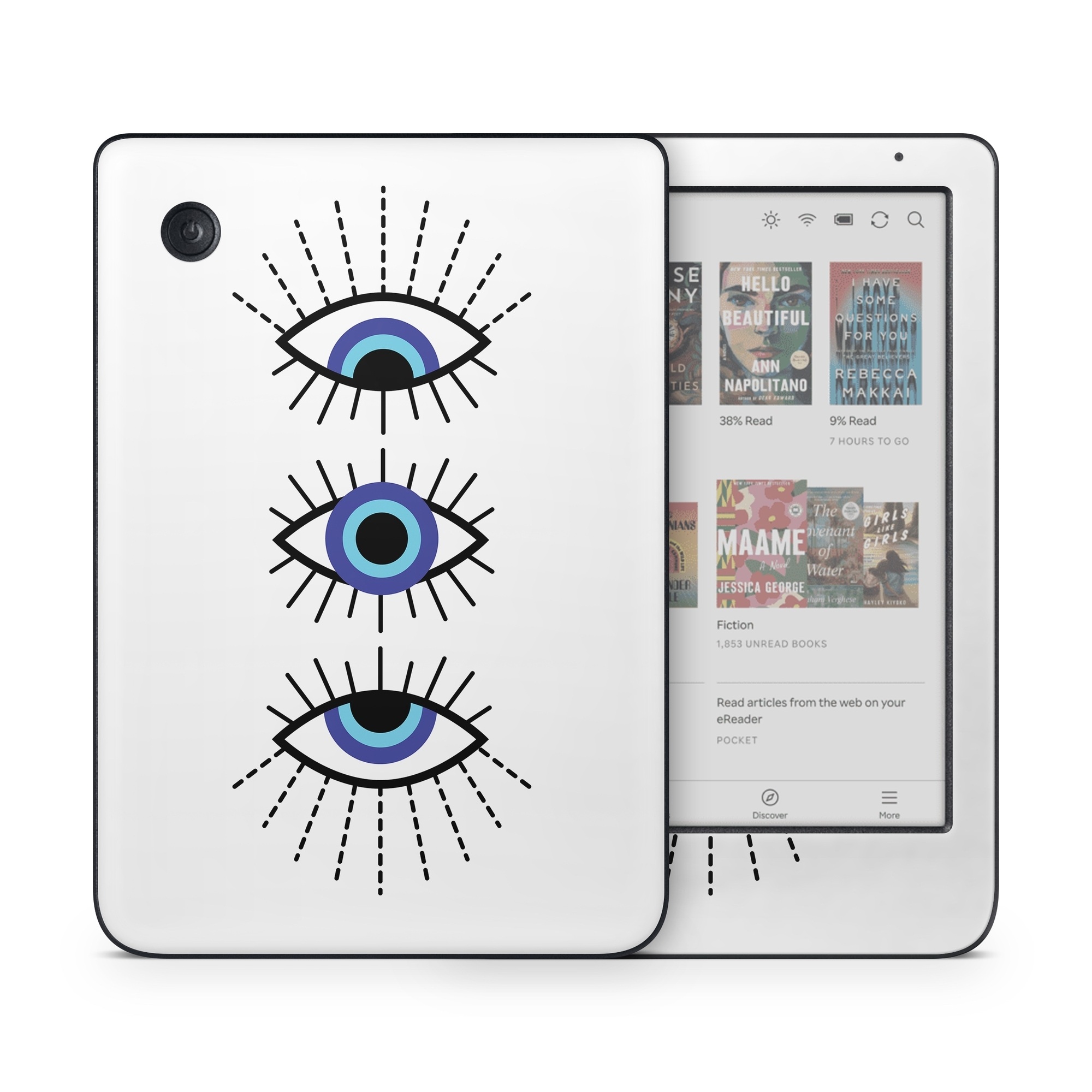 Kobo Clara Colour Skin design of Eyebrow, Eyelash, Iris, Art, Font, Circle, Electric blue, Symmetry, Illustration, Graphics, with black, white, blue, purple colors