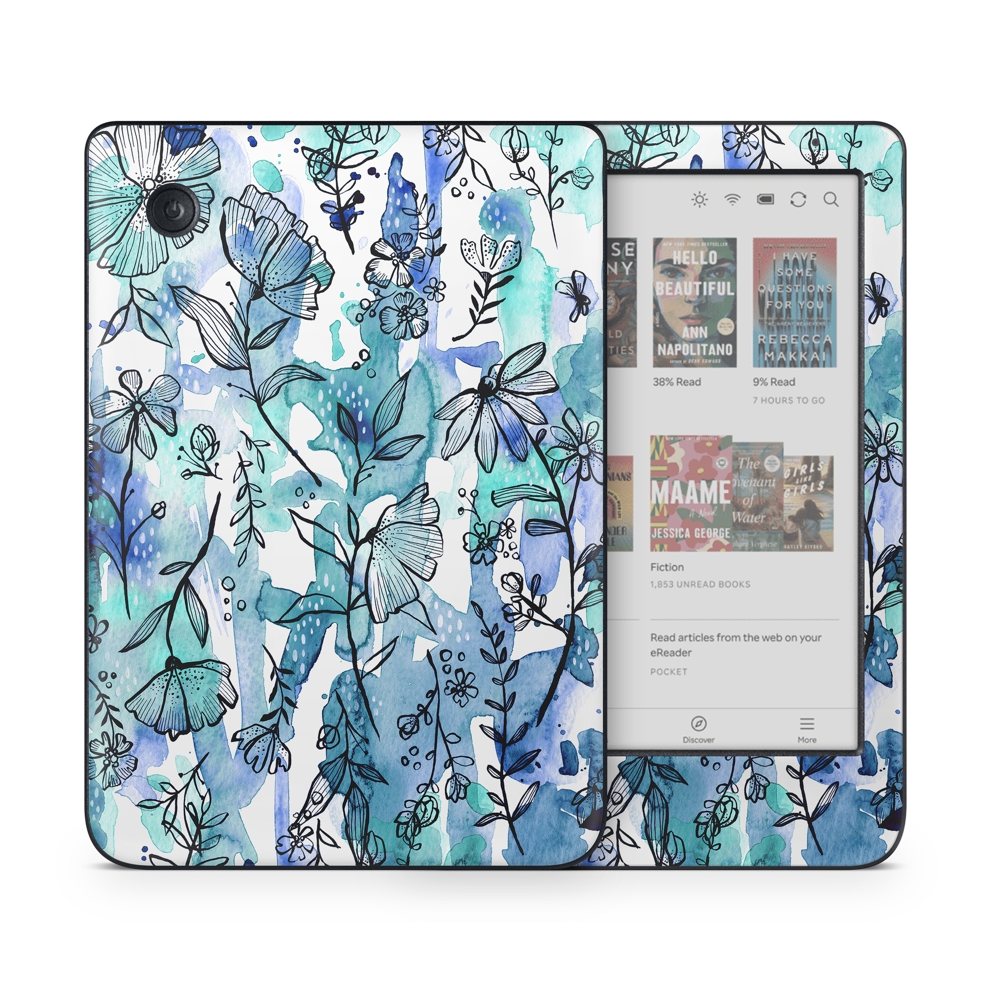 Kobo Clara Colour Skin design of Blue, Pattern, Turquoise, Aqua, Design, Textile, Wildflower, Plant, Wrapping paper, Gift wrapping, with blue, white, black, purple colors
