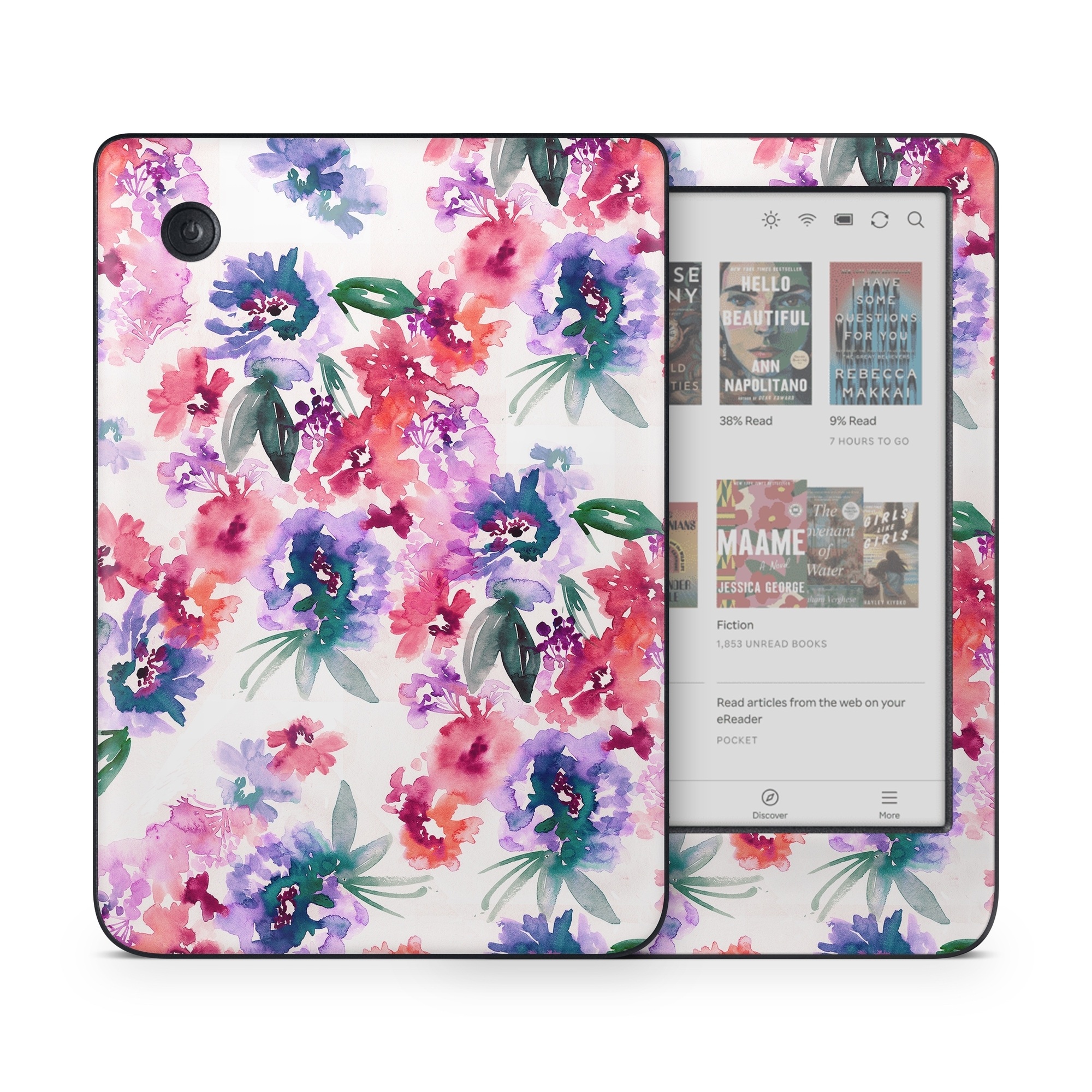 Kobo Clara Colour Skin design of Purple, Pattern, Pink, Lilac, Violet, Flower, Watercolor paint, Floral design, Plant, Design, with green, pink, red, purple, white colors