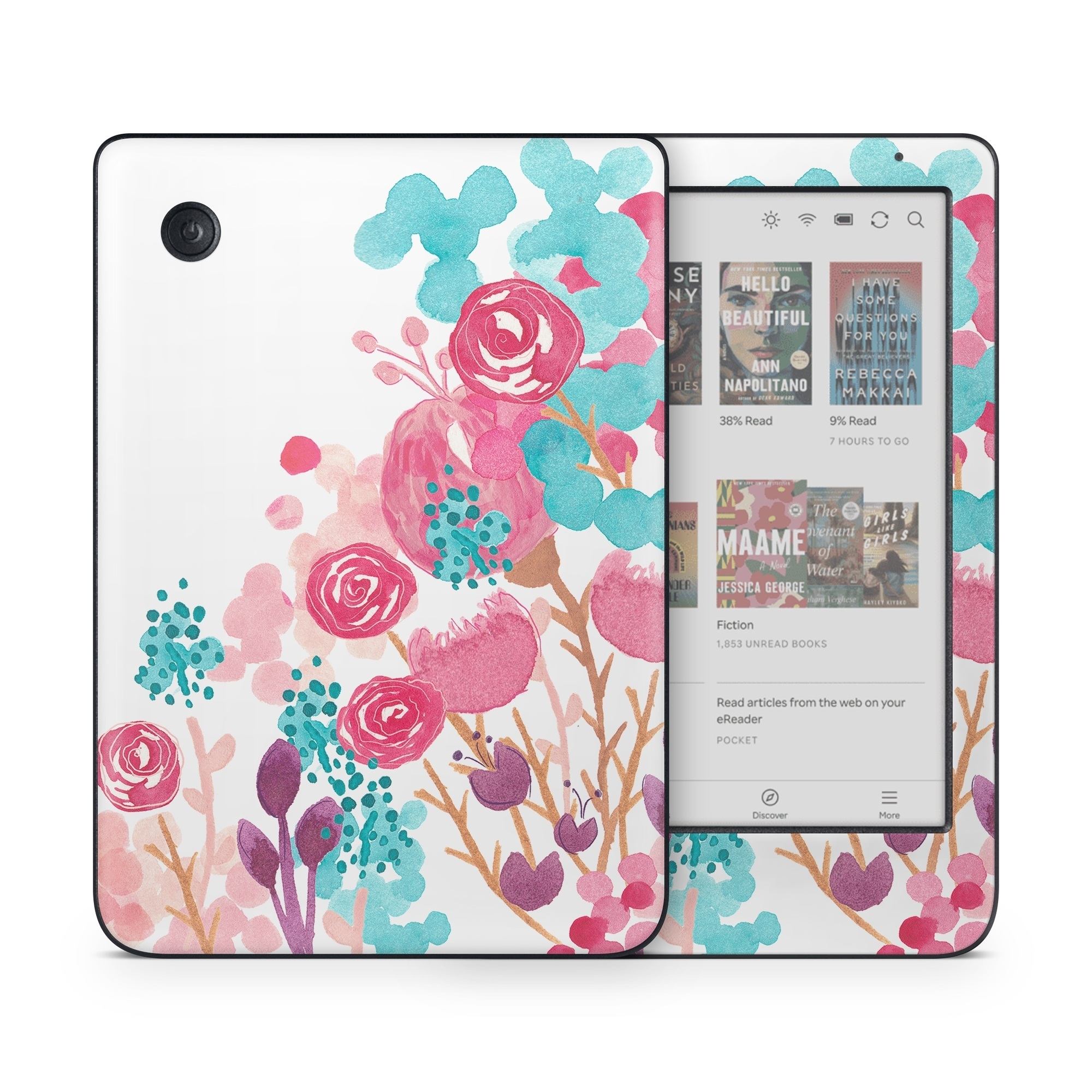 Kobo Clara Colour Skin design of Pink, Pattern, Design, Illustration, Clip art, Plant, Graphics, Art, with white, pink, purple, blue, red colors