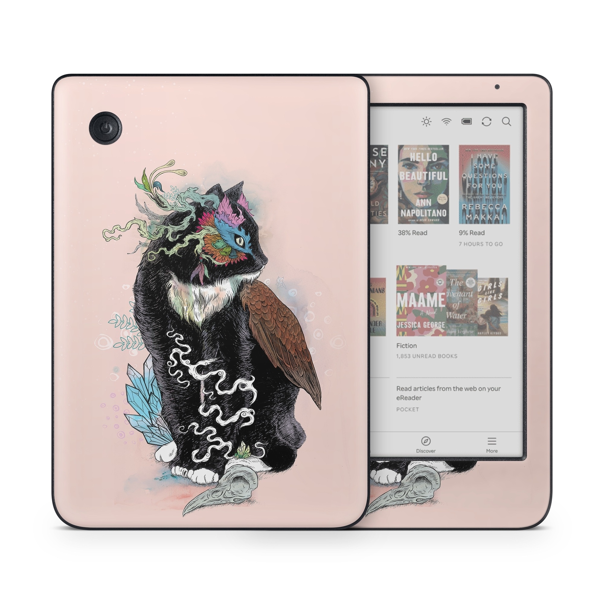 Kobo Clara Colour Skin design of Illustration, Owl, Art, Graphic design, Cat, Tail, with pink, black, brown, red, green colors