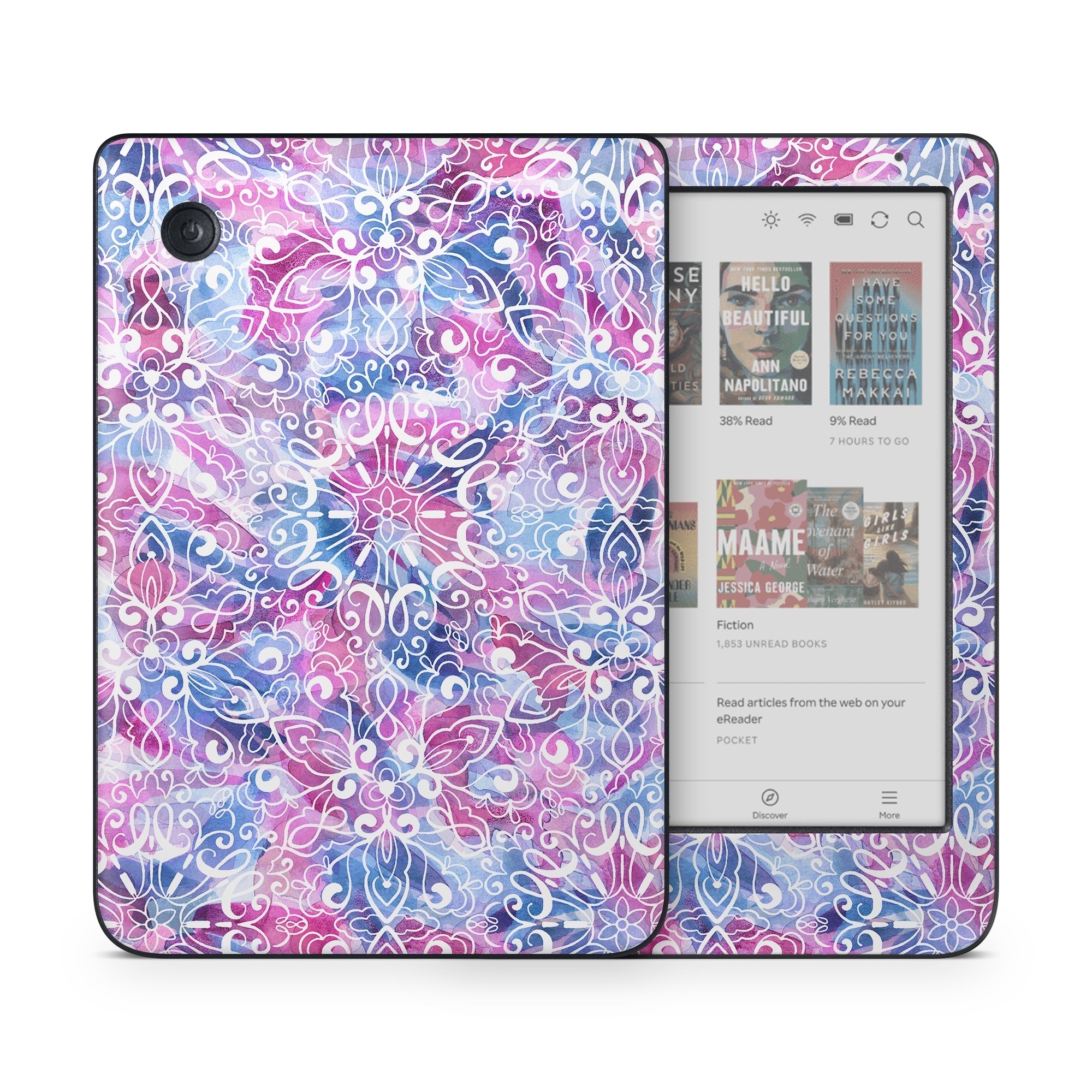 Kobo Clara Colour Skin design of Pattern, Pink, Lilac, Design, Textile, Visual arts, Motif, Floral design, Plant, with blue, pink, purple, white colors