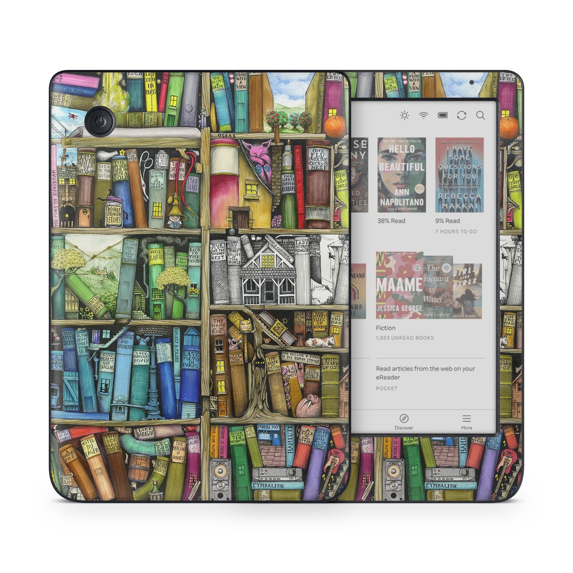Kobo Clara Colour Skin design of Collection, Art, Visual arts, Bookselling, Shelving, Painting, Building, Shelf, Publication, Modern art, with brown, green, blue, red, pink colors