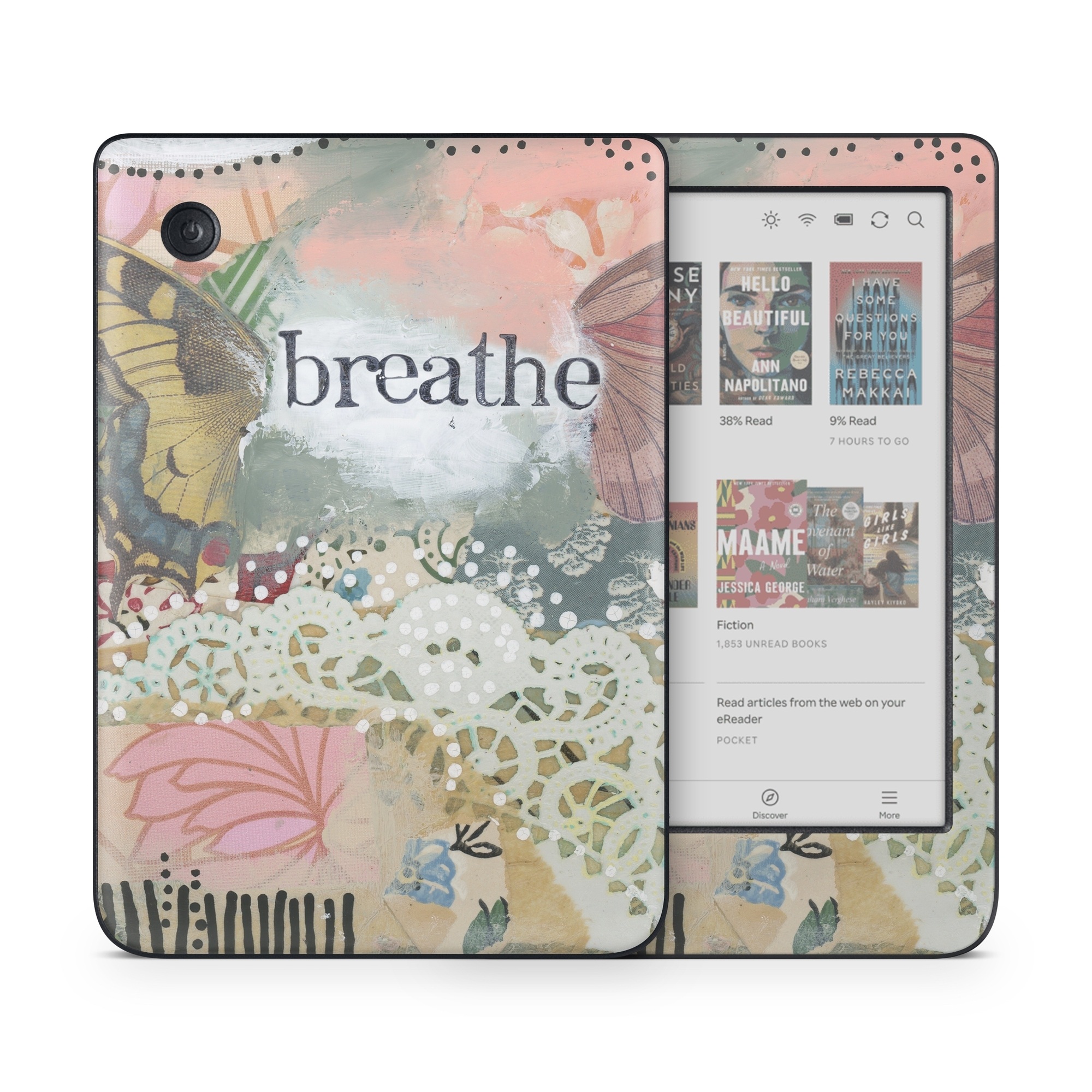 Kobo Clara Colour Skin design of Butterfly, Moths and butterflies, Insect, Pollinator, Organism, Illustration, Brush-footed butterfly, Art, Fictional character, Wildflower, with pink, brown, white, black, red, blue, green colors