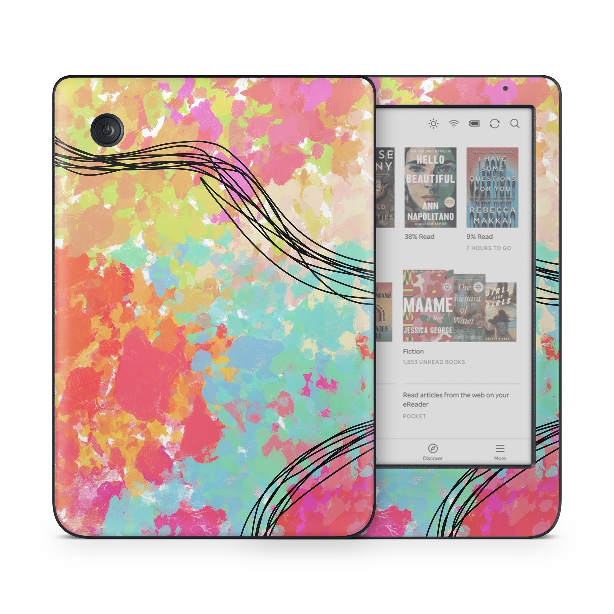 Kobo Clara Colour Skin design of Pattern, Line, Graphic Design, Design, Visual Arts, Art, Plant, Wallpaper, Illustration, Cg Artwork, with black, white, red, pink, blue, green, yellow, orange, brown colors