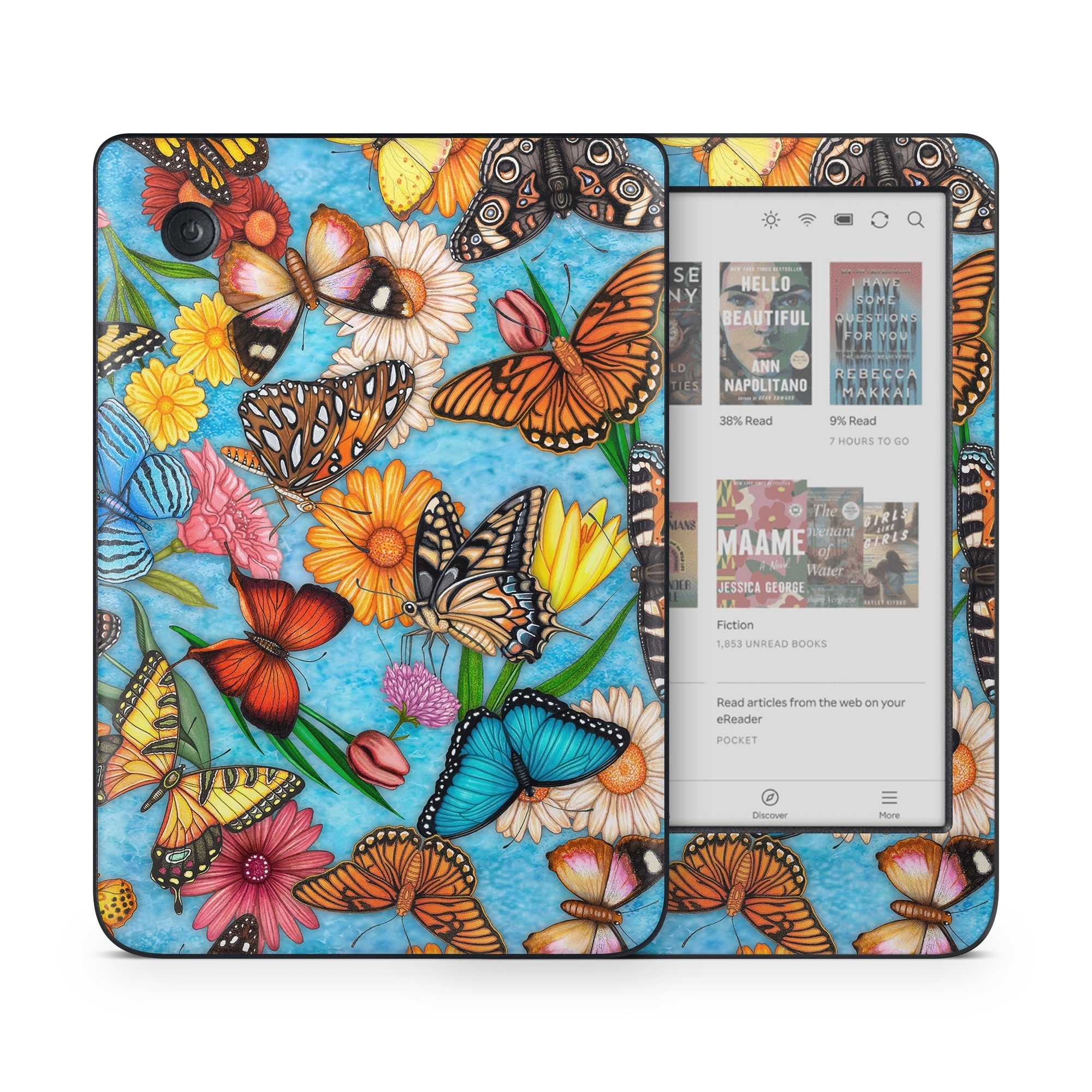 Kobo Clara Colour Skin design of Cynthia (subgenus), Butterfly, Monarch butterfly, Moths and butterflies, Brush-footed butterfly, Pollinator, Insect, Pattern, Design, Organism, with blue, pink, orange, yellow, red colors