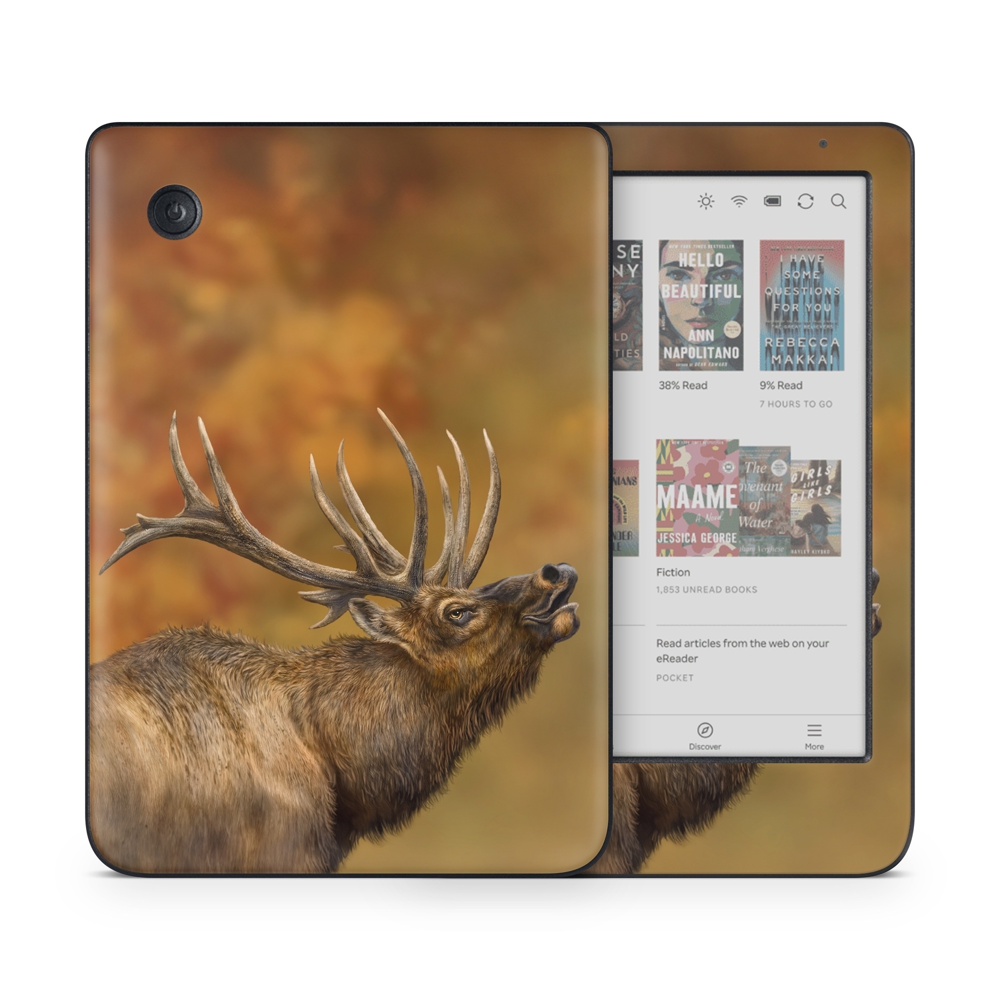 Kobo Clara Colour Skin design of Head, Deer, Natural material, Barren ground Caribou, Fawn, Terrestrial animal, Horn, Elk, Snout, Reindeer, with brown, black, orange, yellow, gray colors