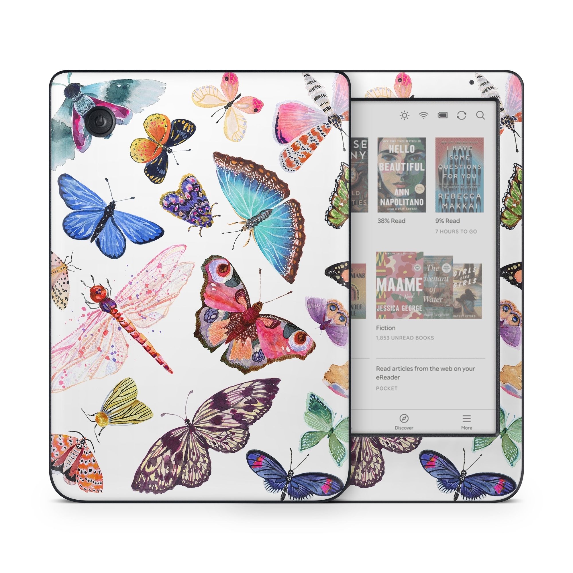 Kobo Clara Colour Skin design of Butterfly, Pollinator, Insect, Arthropod, Organism, Moths and butterflies, Art, Symmetry, Wing, Illustration, with white, blue, green, red, yellow, orange, pink, brown, purple colors