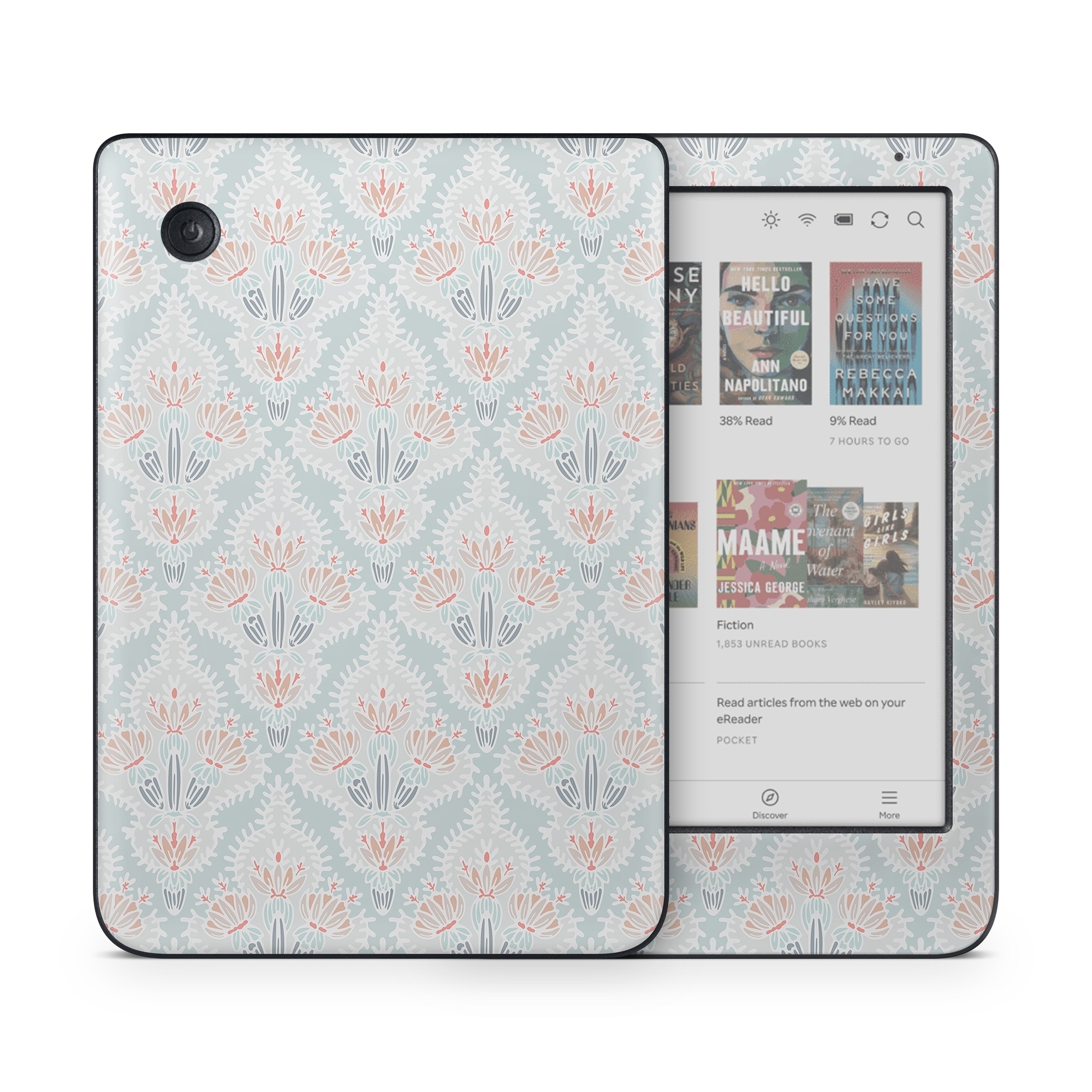Kobo Clara Colour Skin design of Pattern, Aqua, Line, Design, Textile, Wrapping paper, Pedicel, Dahlia, Visual arts, with blue, red, white colors