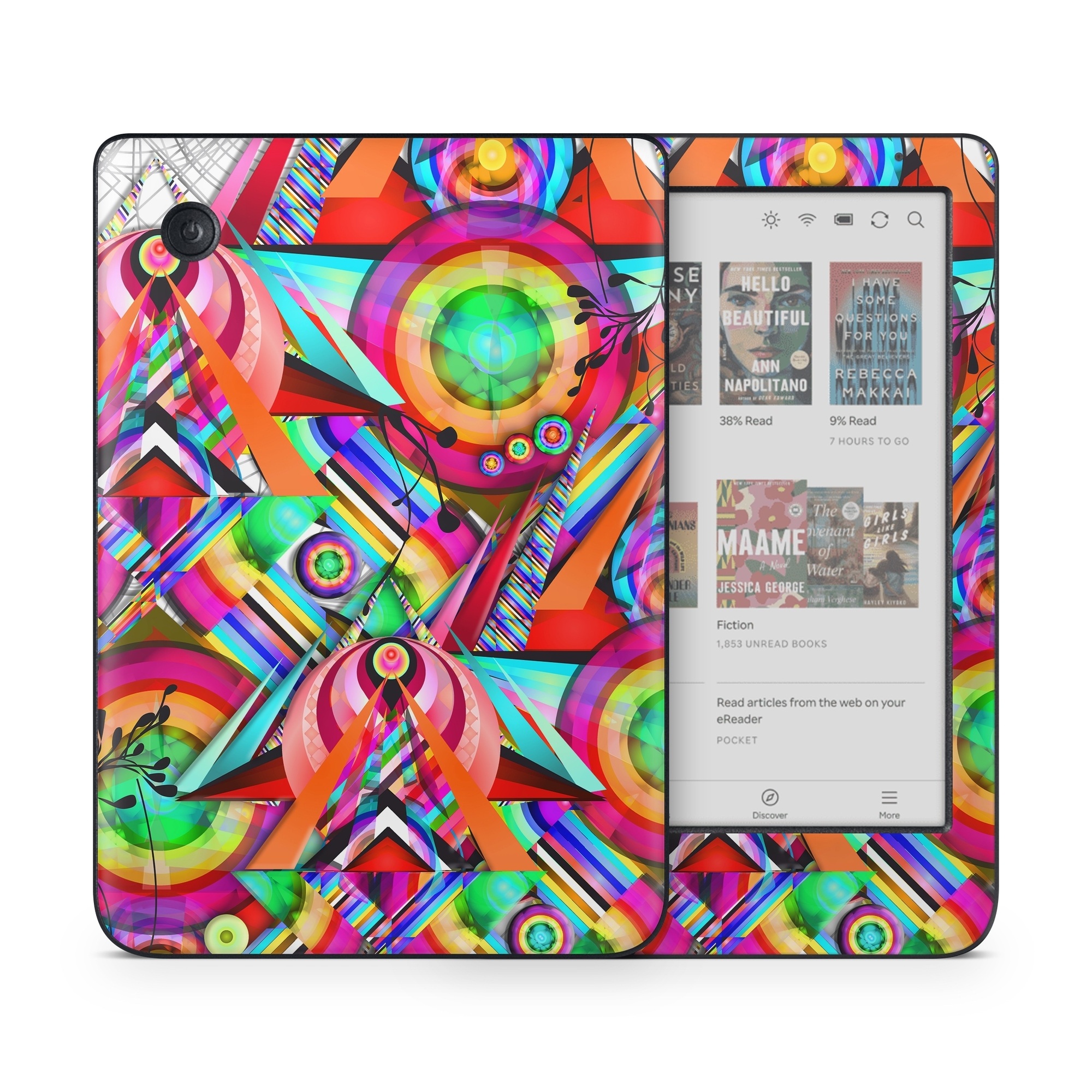 Kobo Clara Colour Skin design of Psychedelic art, Pattern, Design, Graphic design, Colorfulness, Visual arts, Circle, Art, with red, pink, green, yellow, orange colors
