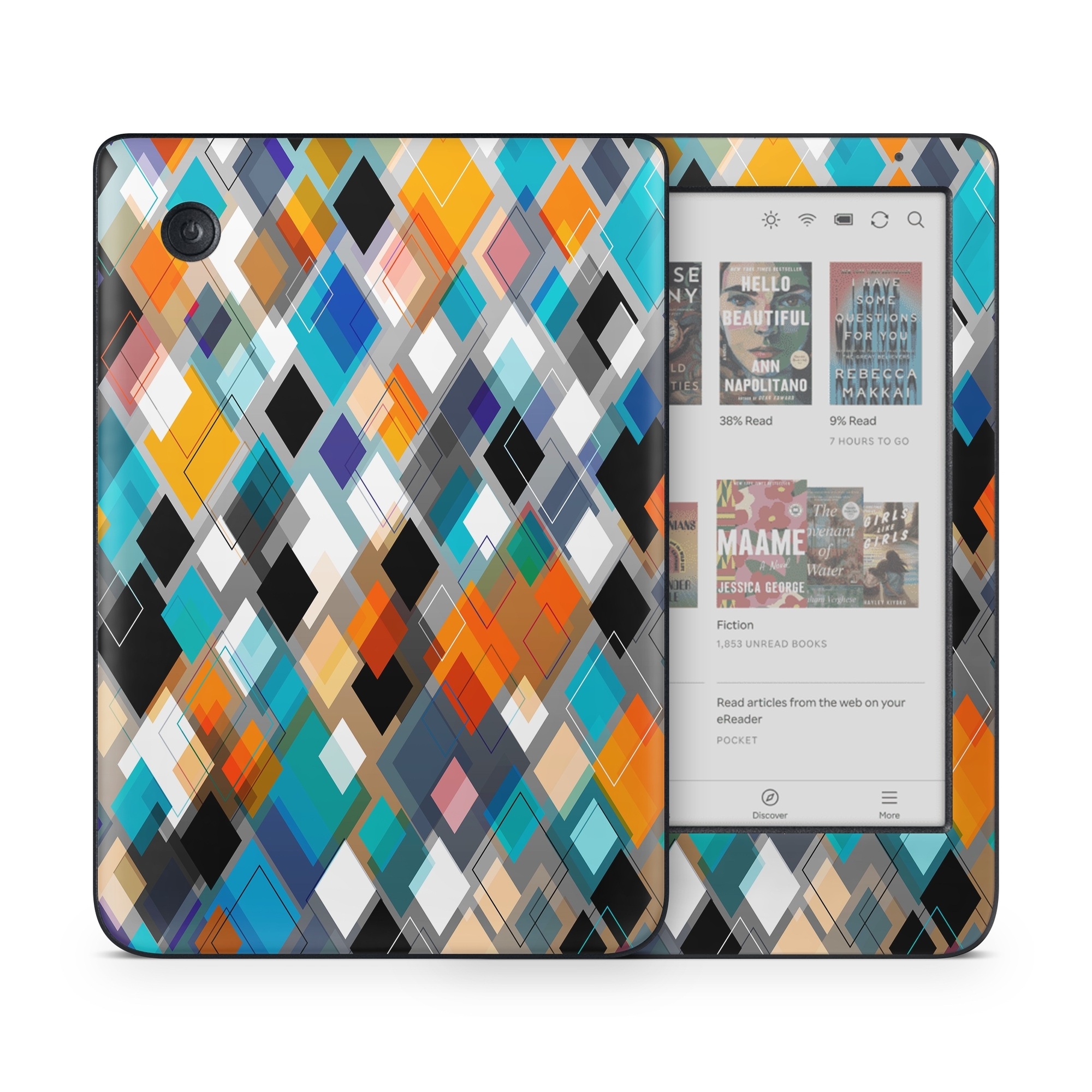 Kobo Clara Colour Skin design of Pattern, Line, Design, Colorfulness, Plaid, Tints and shades, Textile, Symmetry, Square, with black, blue, red, orange, white colors