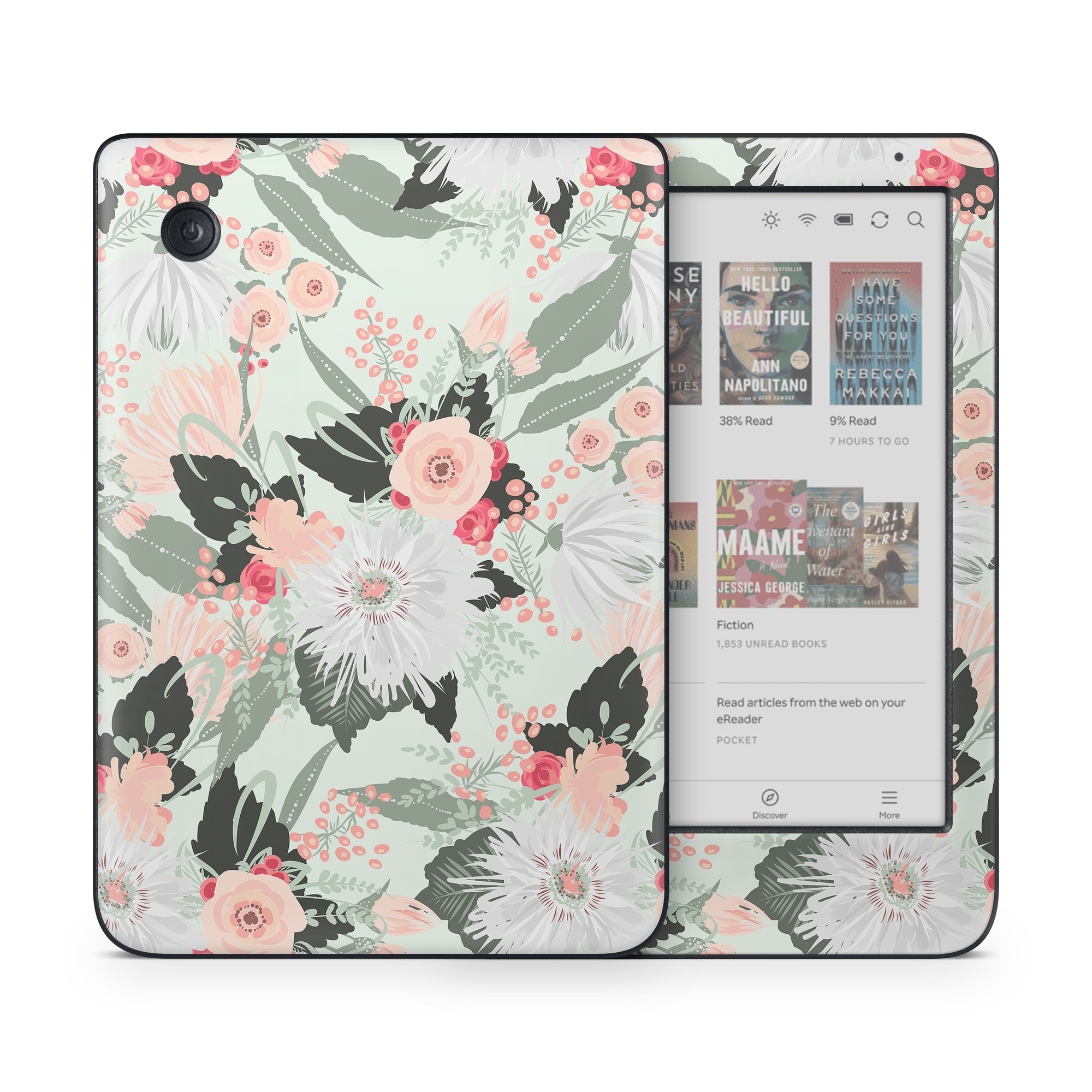 Kobo Clara Colour Skin design of Pattern, Pink, Floral design, Design, Textile, Wrapping paper, Plant, Peach, Flower, with green, red, white, pink colors