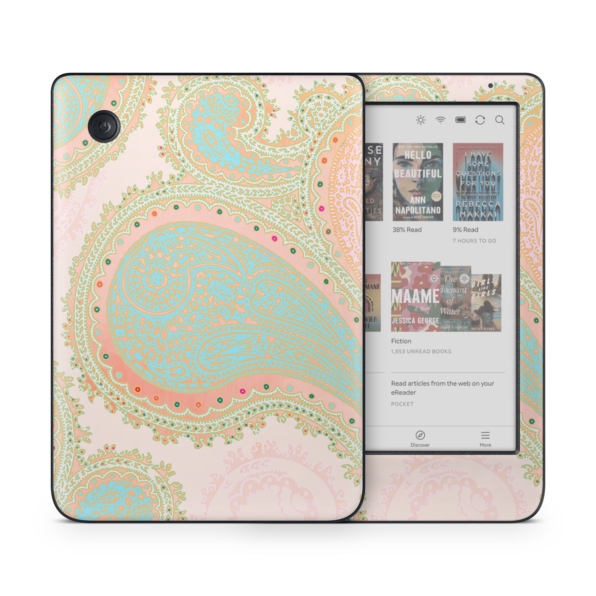 Kobo Clara Colour Skin design of Pattern, Visual arts, Paisley, Pink, Design, Motif, Line, Wallpaper, Peach, with pink, blue, red colors