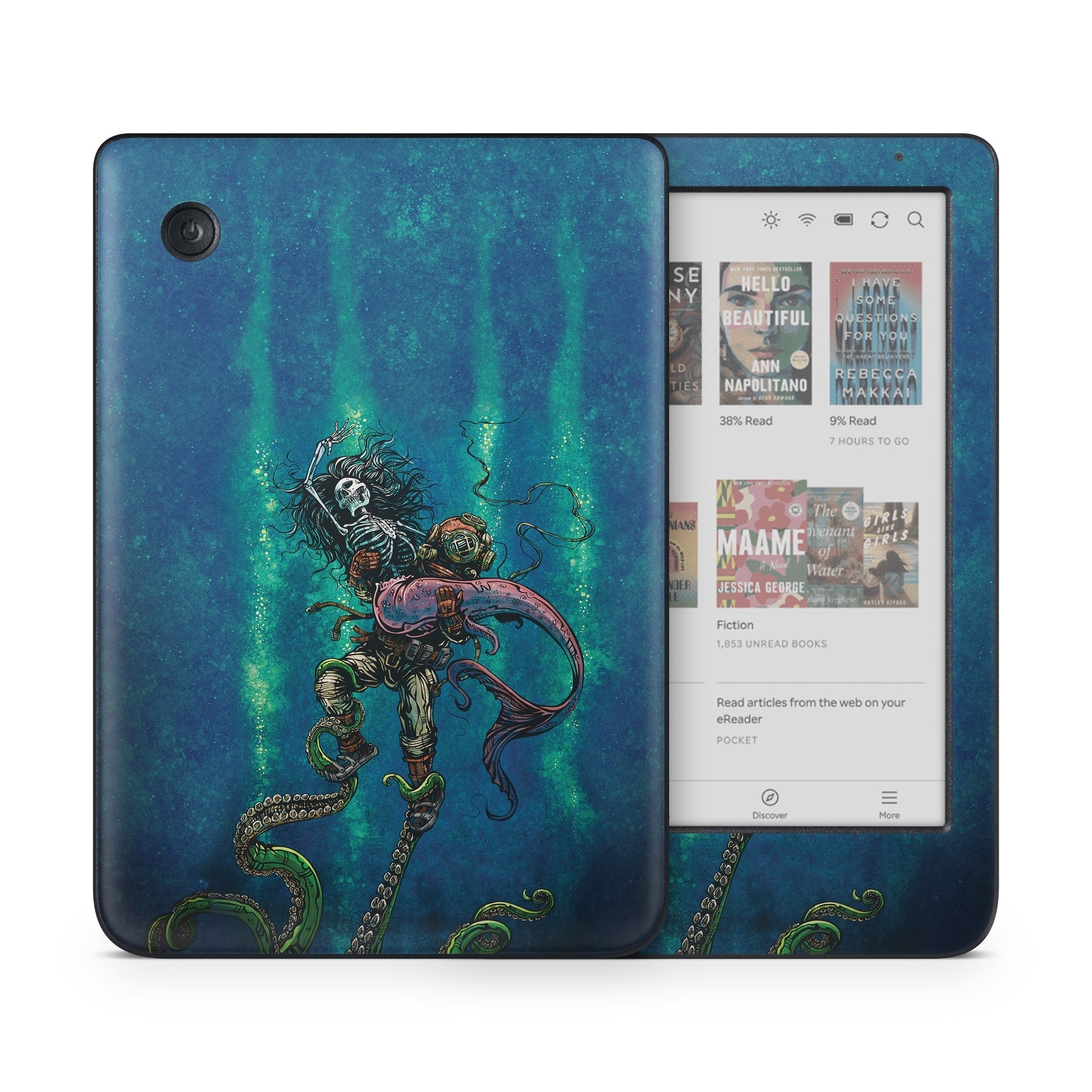 Kobo Clara Colour Skin design of Water, Fluid, Underwater, Marine invertebrates, Marine biology, Electric blue, Liquid, Recreation, Underwater diving, Art, with blue, green, orange, purple, pink, black, white, gray colors