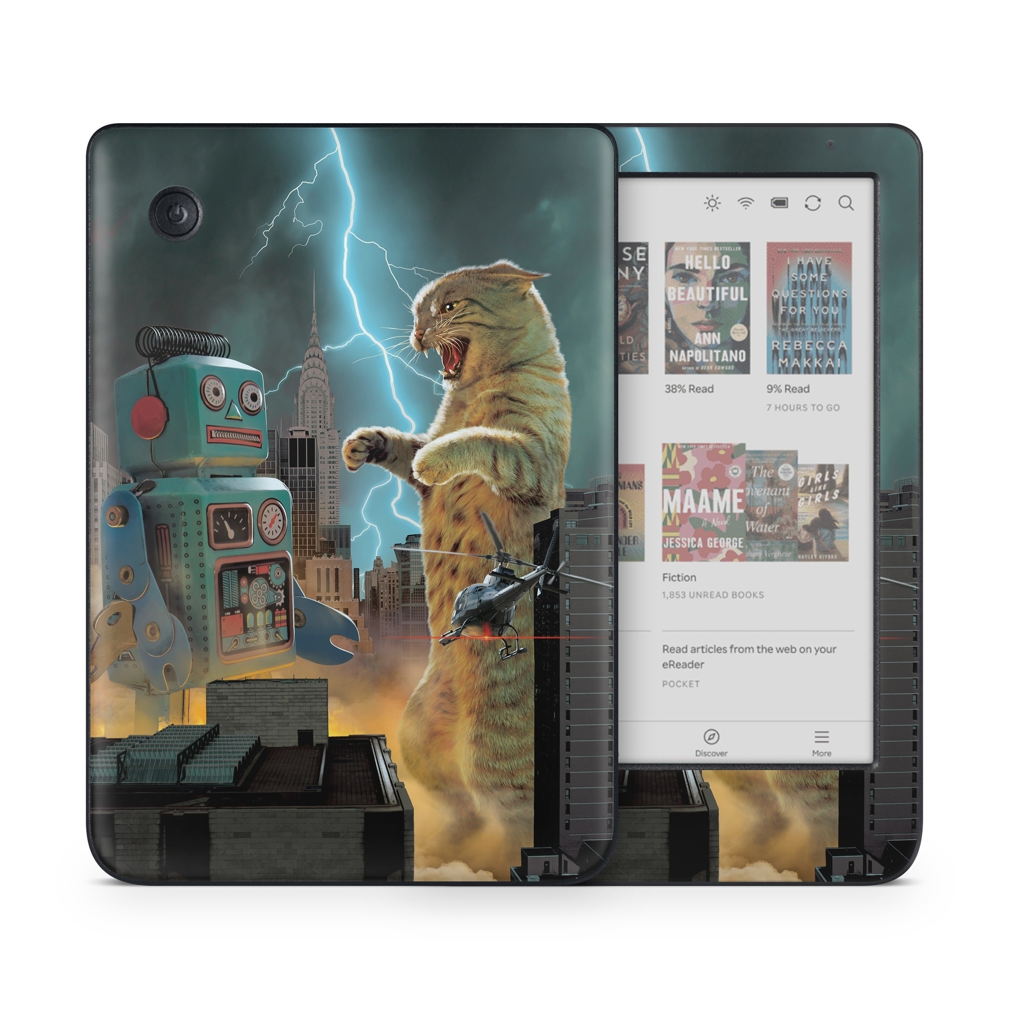 Kobo Clara Colour Skin design of Lightning, Felidae, Carnivore, Art, Whiskers, Big cats, Cg artwork, Terrestrial animal, Small to medium-sized cats, Thunder, with black, blue, red, yellow, white, brown, gray, orange colors