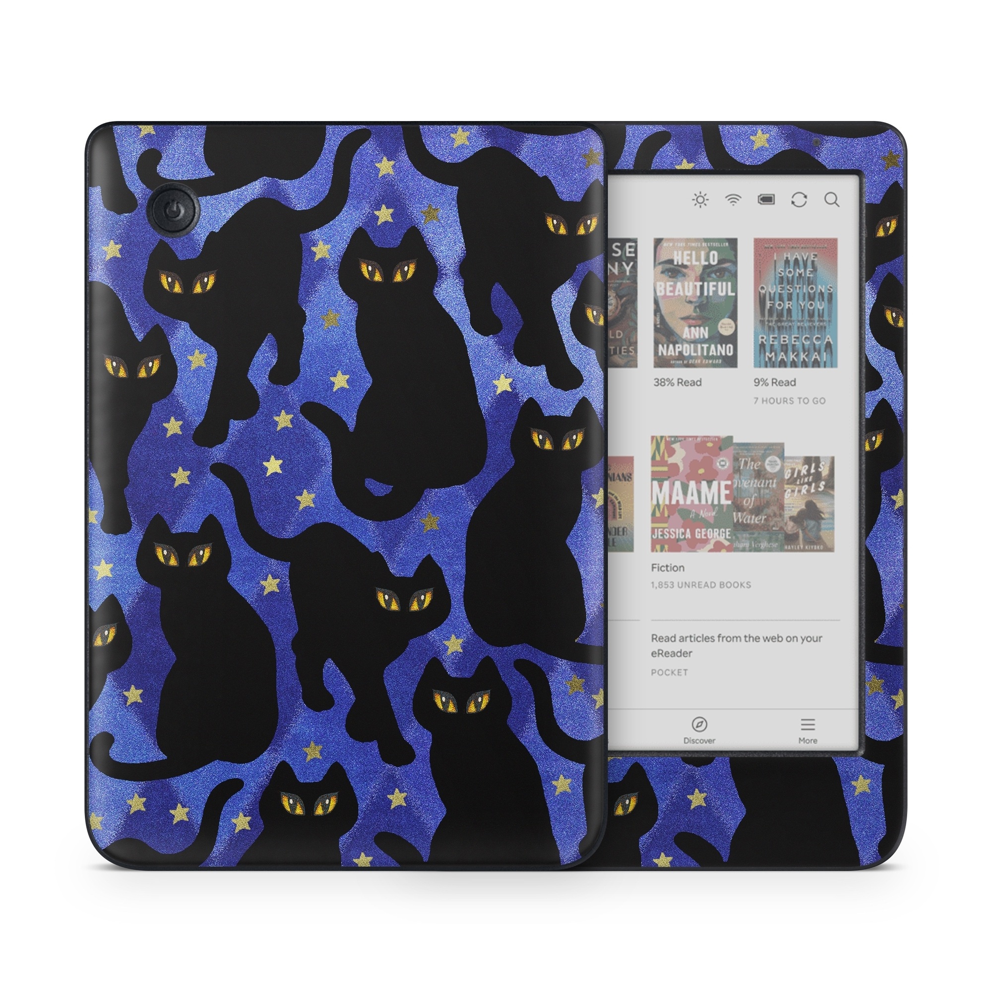 Kobo Clara Colour Skin design of Black cat, Black, Cat, Small to medium-sized cats, Pattern, Felidae, Design, Electric blue, Illustration, Art, with black, blue, purple, yellow colors