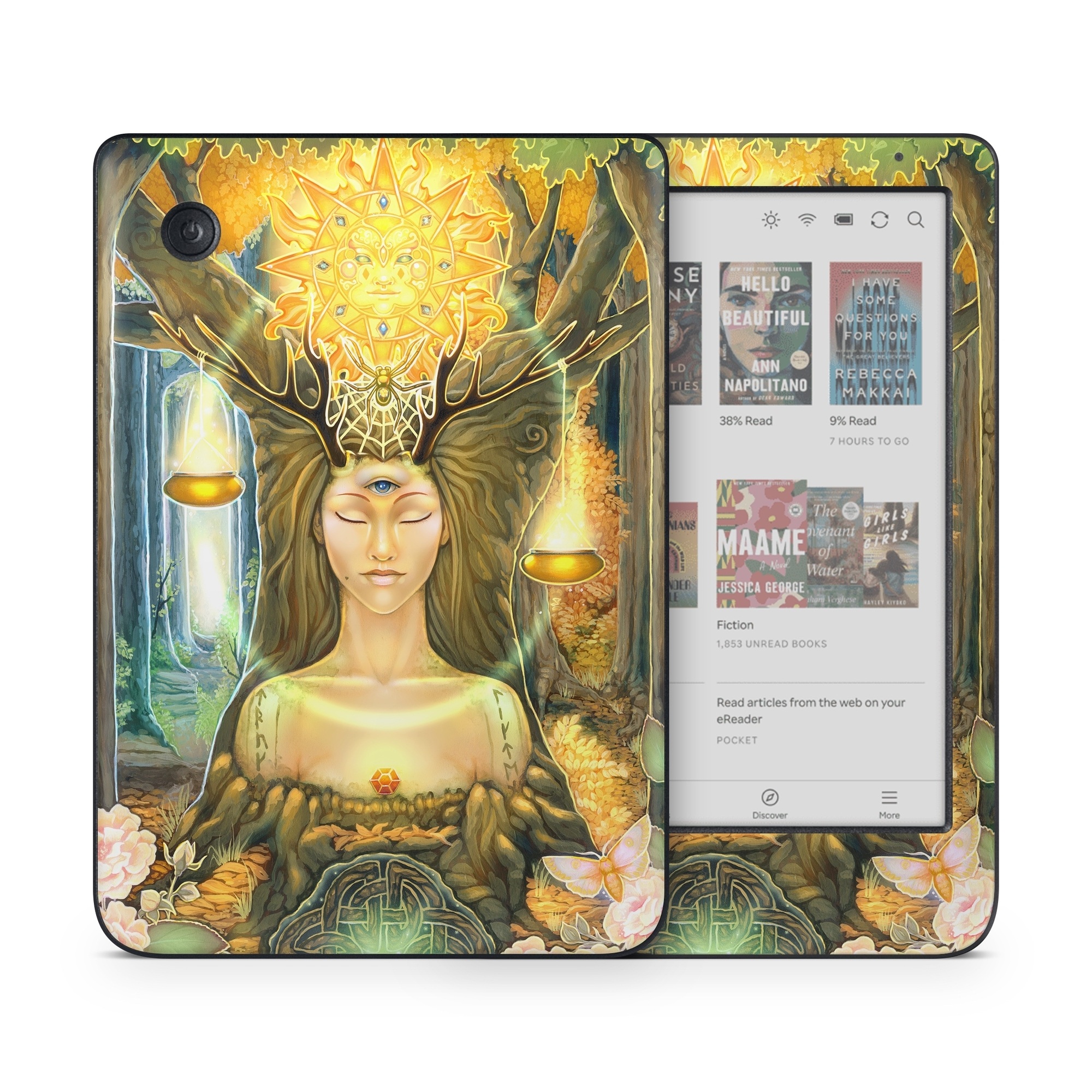 Kobo Clara Colour Skin design of Painting, Art, Illustration, Plant, Fictional character, Mythology, Cg artwork, Visual arts, Glass, Drawing, with yellow, green, brown, pink, orange, black colors