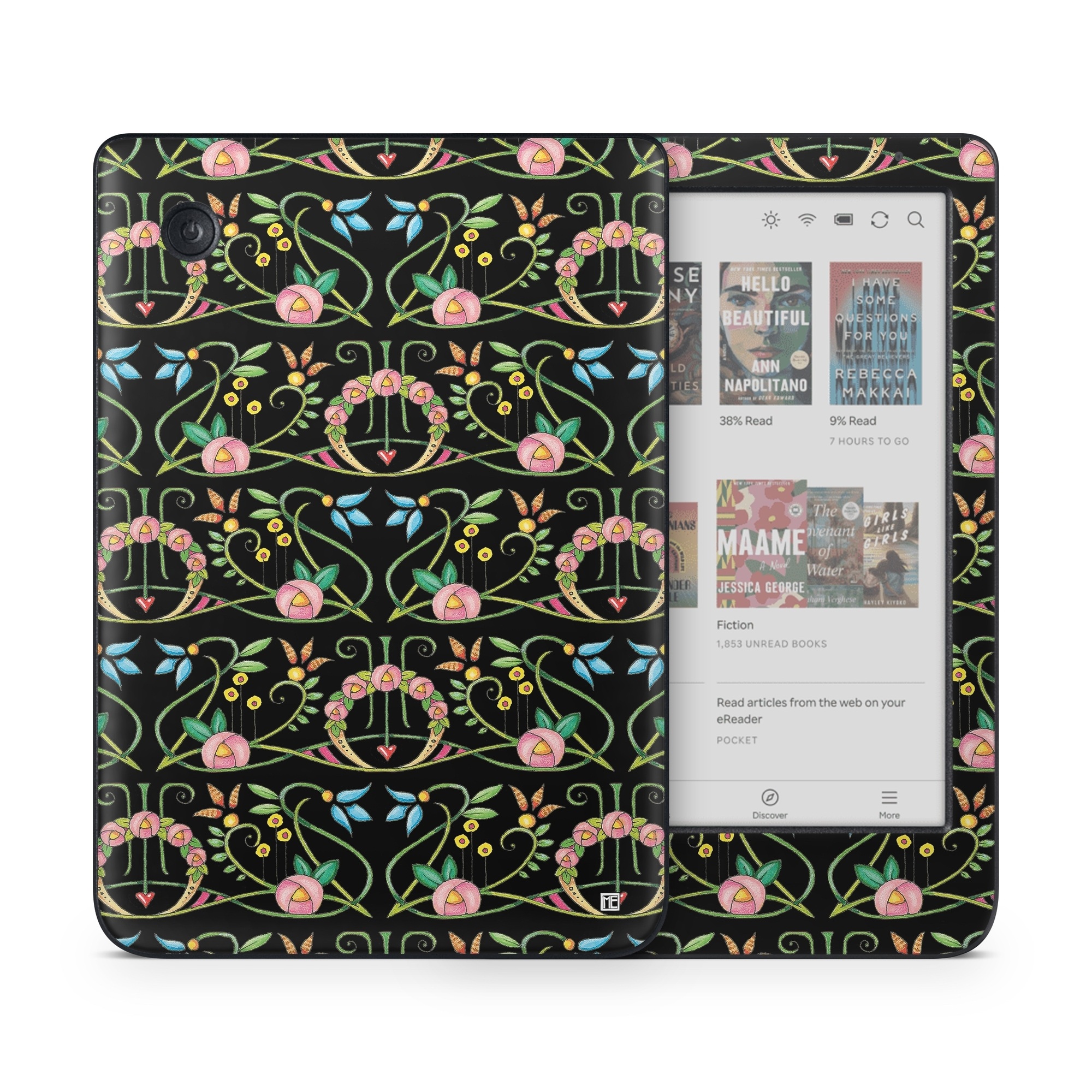 Kobo Clara Colour Skin design of Flower, Rectangle, Textile, Ornament, Plant, Line, Motif, Creative arts, Art, Pattern, with black, pink, blue, green, yellow colors