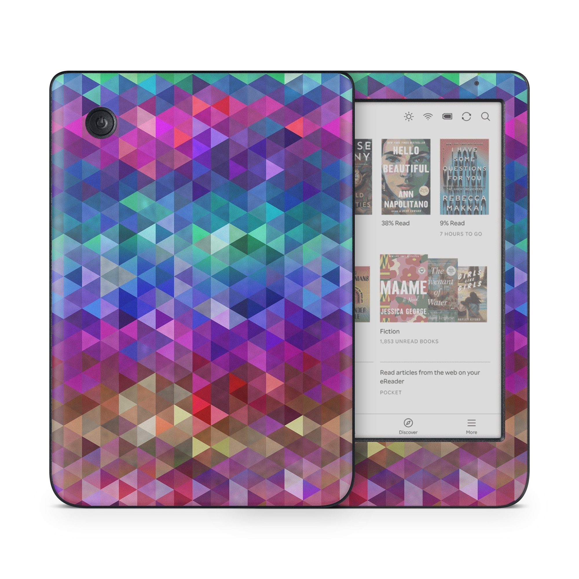 Kobo Clara Colour Skin design of Purple, Violet, Pattern, Blue, Magenta, Triangle, Line, Design, Graphic design, Symmetry, with blue, purple, green, red, pink colors