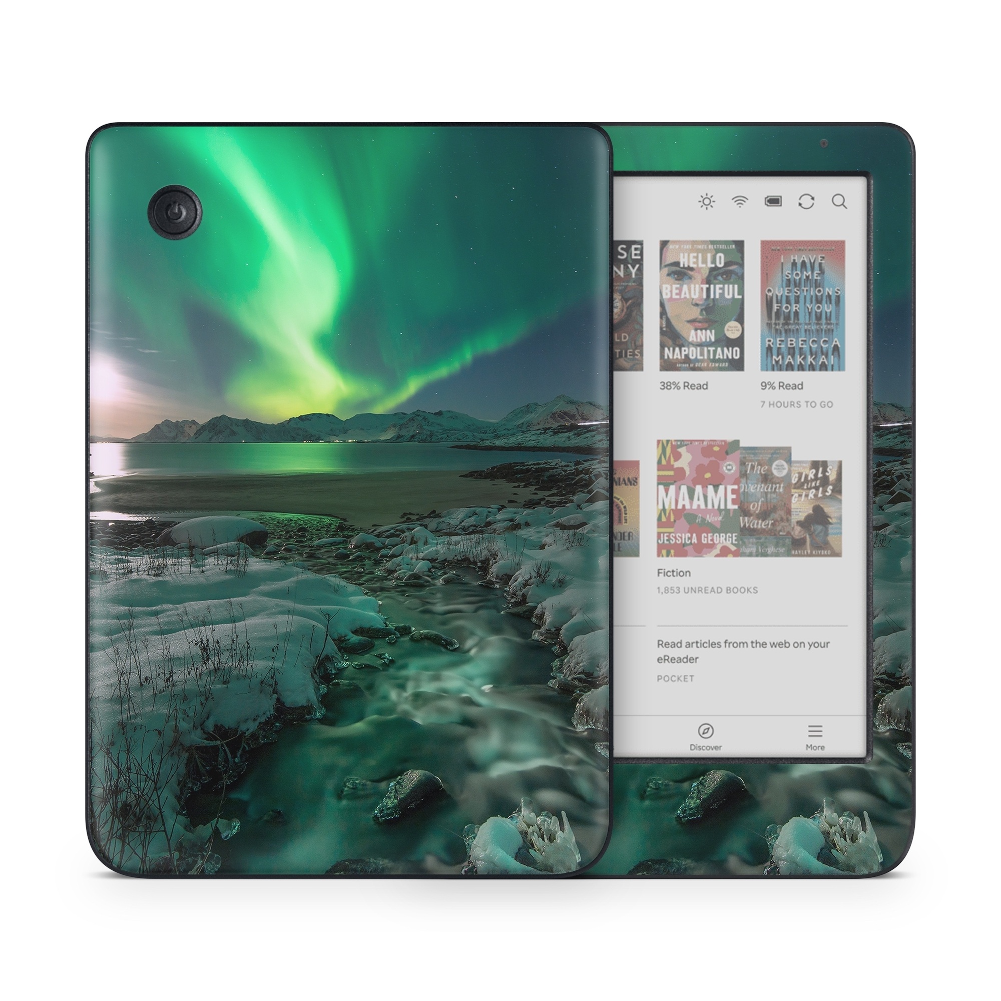 Kobo Clara Colour Skin design of Nature, Aurora, Sky, Geological phenomenon, Water, Atmosphere, Space, Landscape, World, Glacier, with white, green, blue, black, gray colors