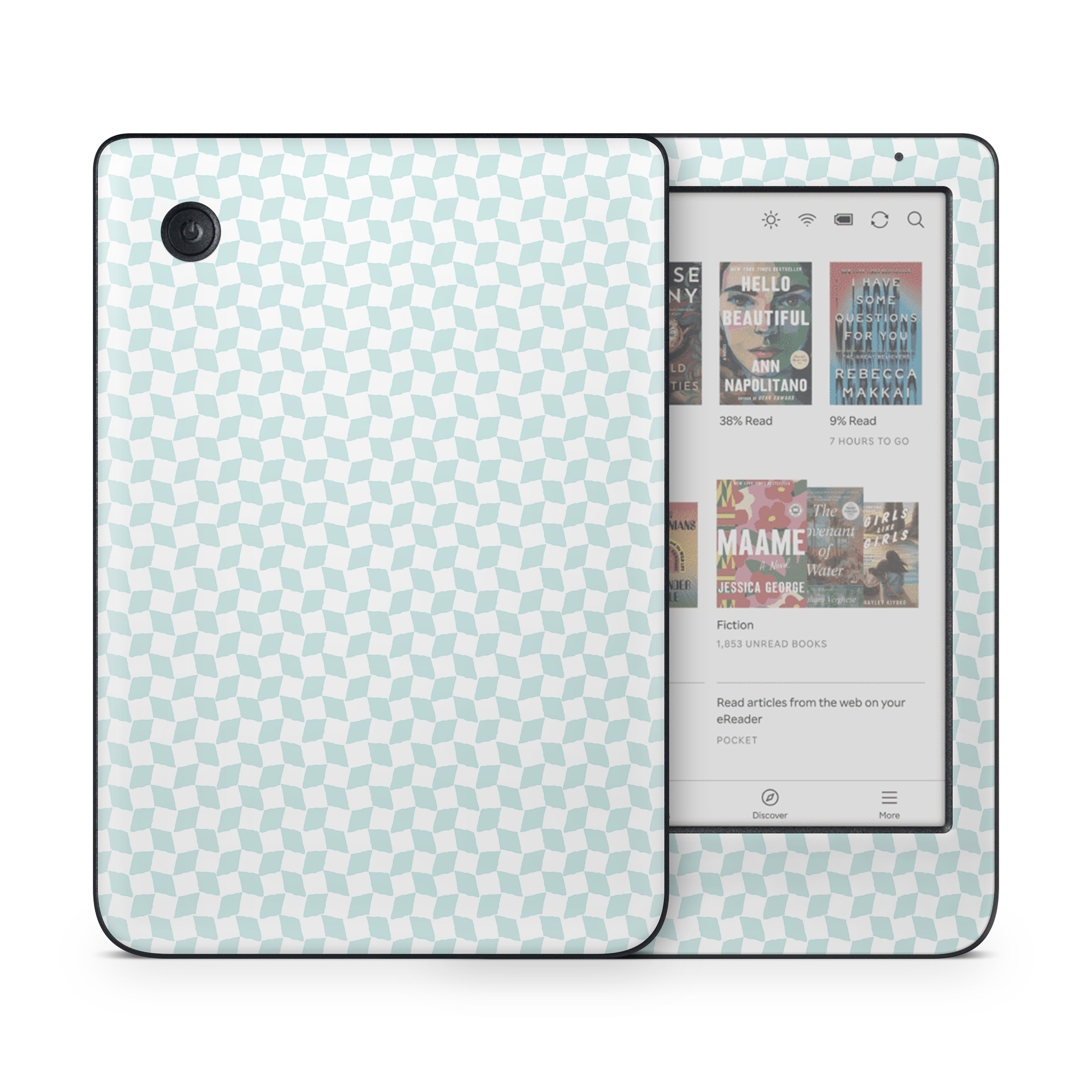Kobo Clara Colour Skin design of Blue, Azure, Art, Font, Aqua, Rectangle, Floor, Flooring, Material property, Symmetry, with white, blue colors
