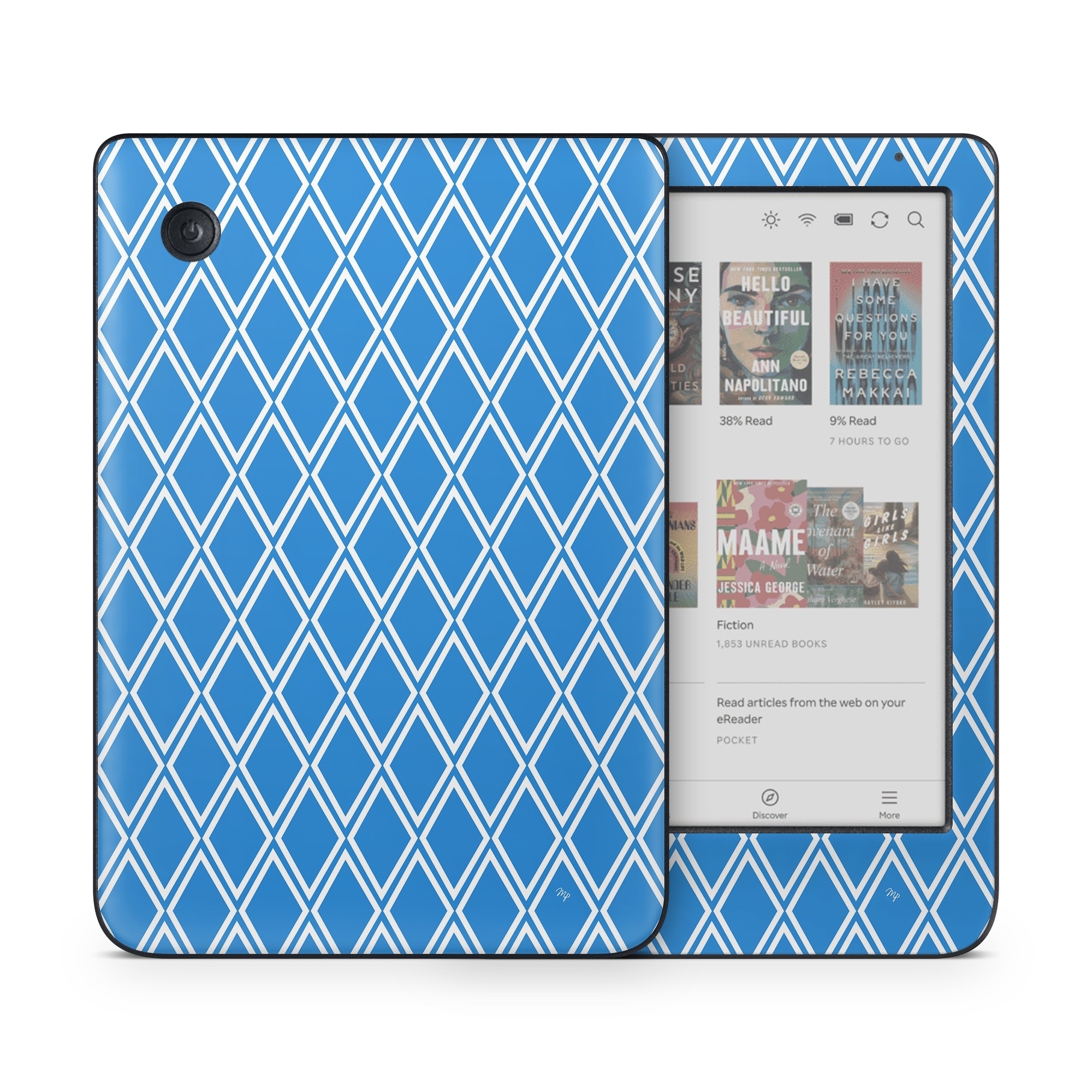 Kobo Clara Colour Skin design of Azure, Font, Aqua, Material property, Symmetry, Parallel, Rectangle, Electric blue, Circle, Pattern, with blue, white colors